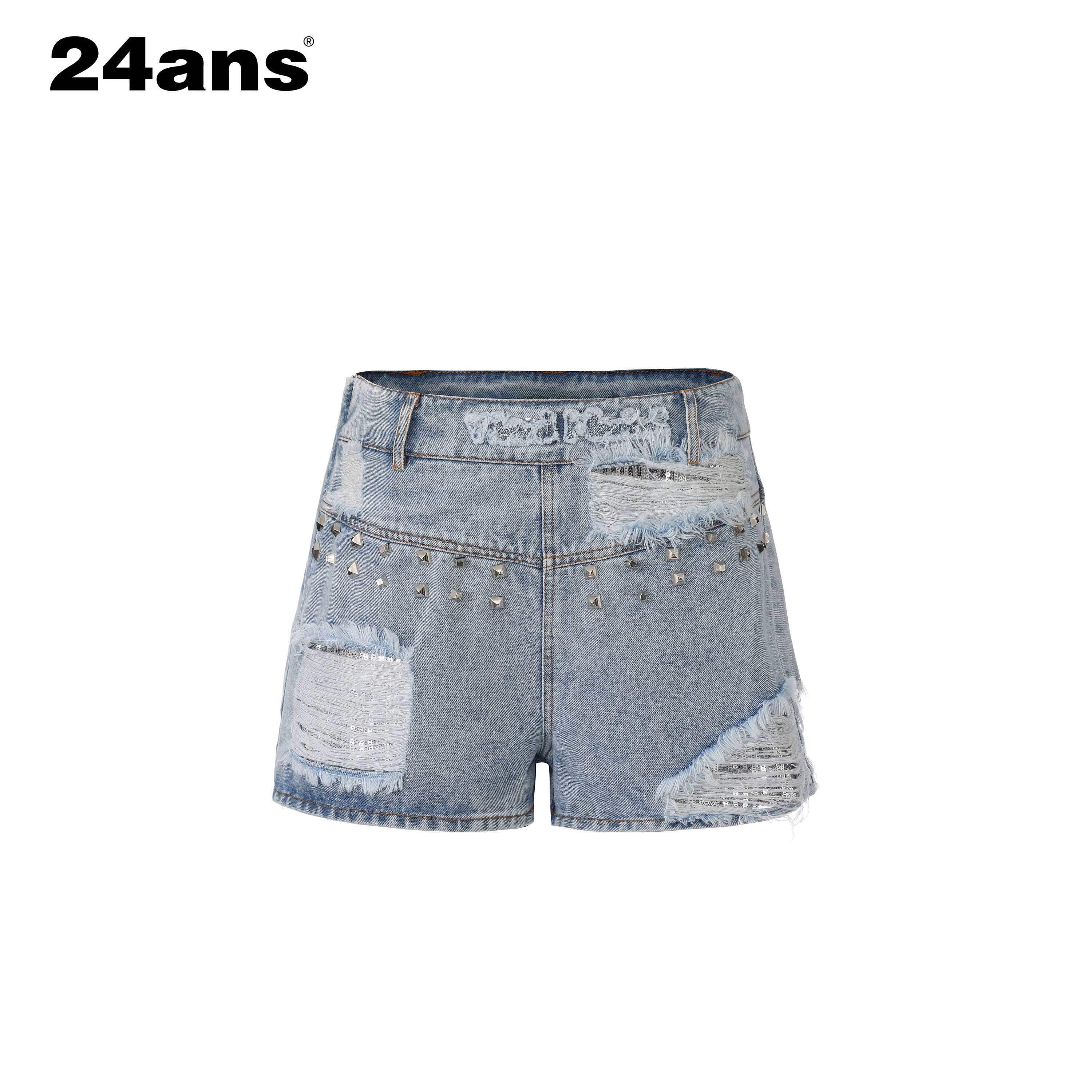 24ans_Sequin_Studded_Natural_Waist_Zip_Fly_Cotton_Women_Blue_Denim_Shorts_MISSTT