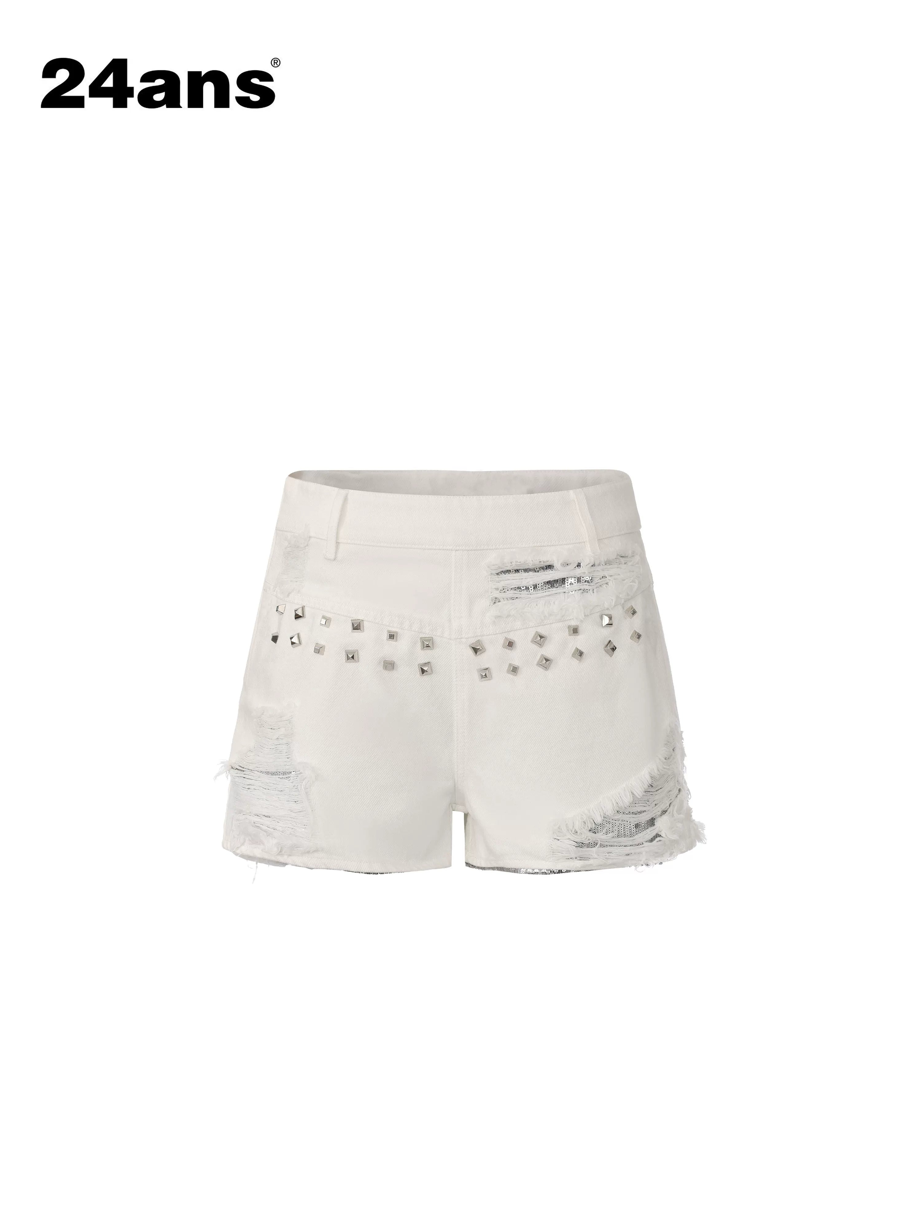 24ans Sequin Studded Natural Waist Zip Fly Cotton Women Blue Denim Shorts-1