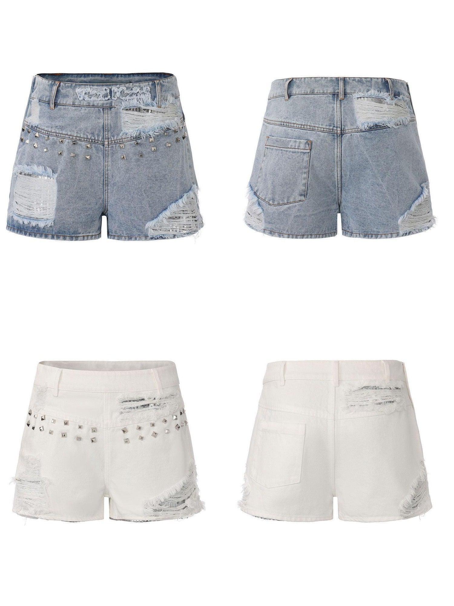 24ans Sequin Studded Natural Waist Zip Fly Cotton Women Blue Denim Shorts