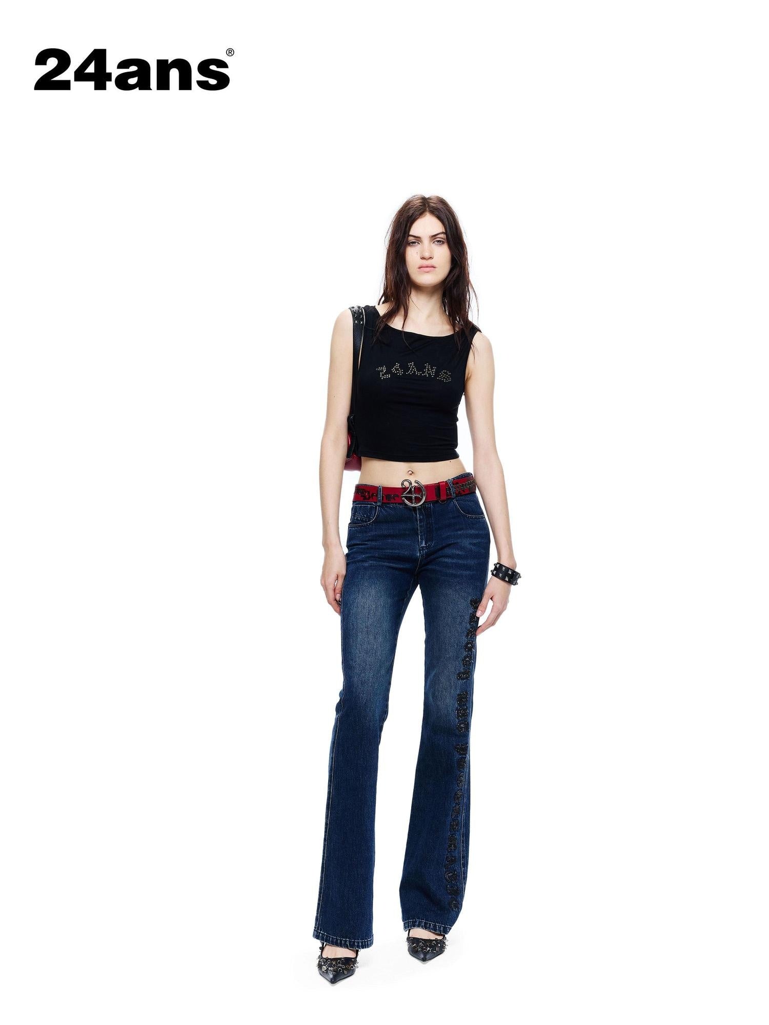 24ans Slight Stretch Embroidered Natural Waist Denim Button Fly Youth Blue Slim Jeans