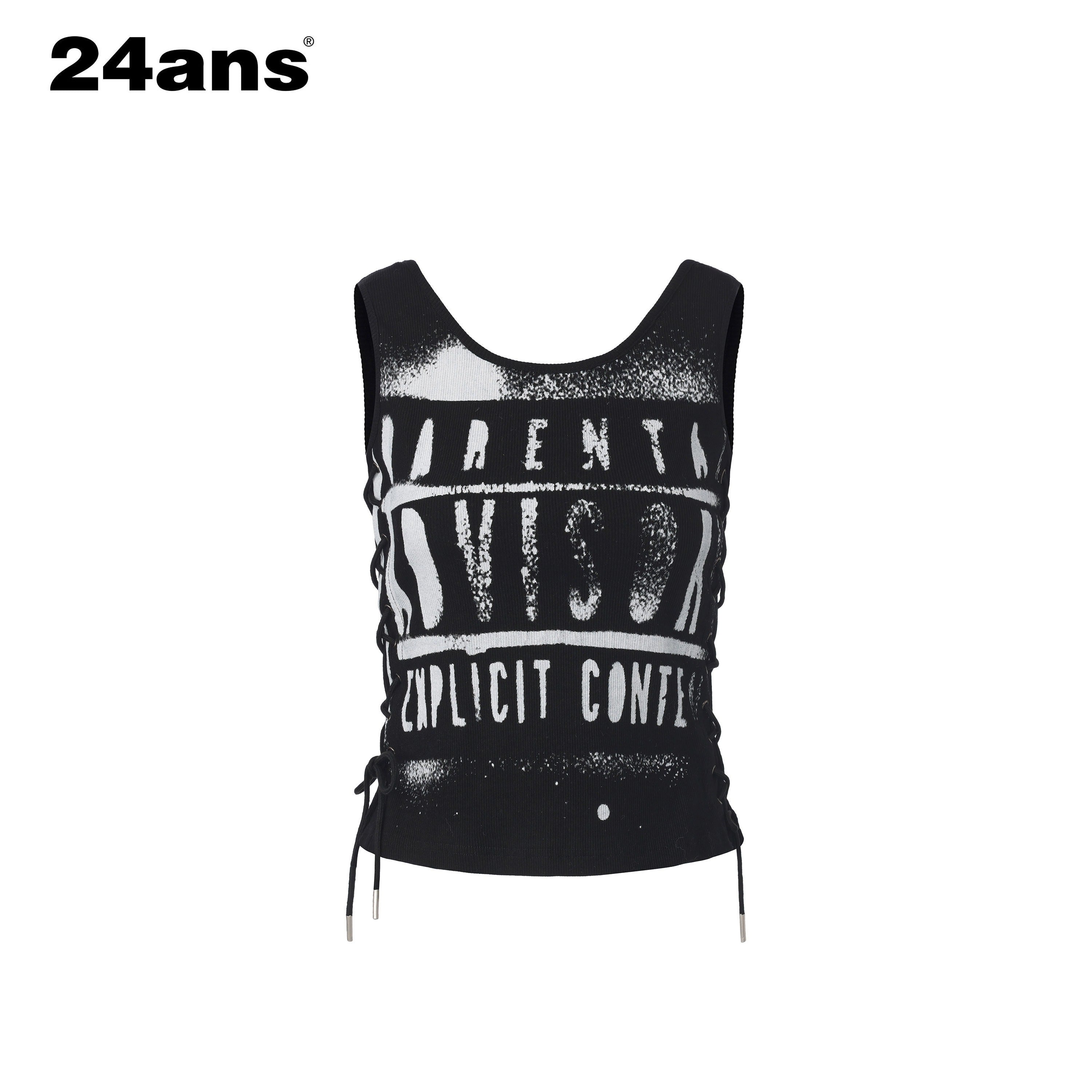 24ans Slim Cotton Stretch Round Neck Letter Print H Shaped Women Black Gray Tank Tops