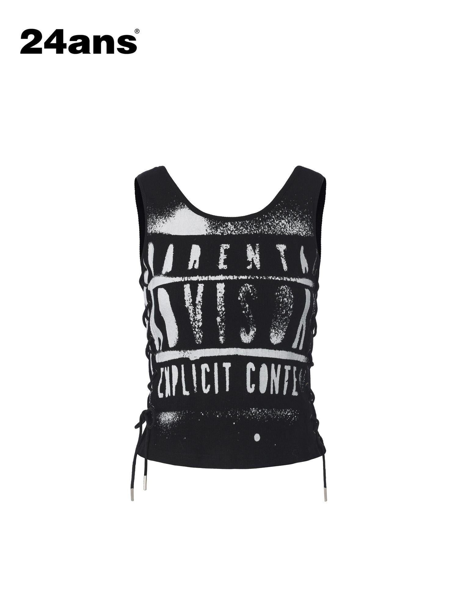 24ans Slim Cotton Stretch Round Neck Letter Print H Shaped Women Black Gray Tank Tops