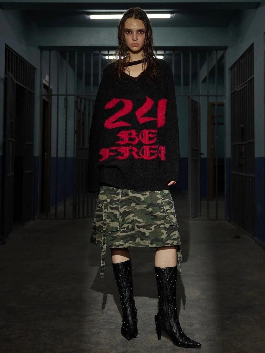 Slogan V-neck Knit Sweater Sweater