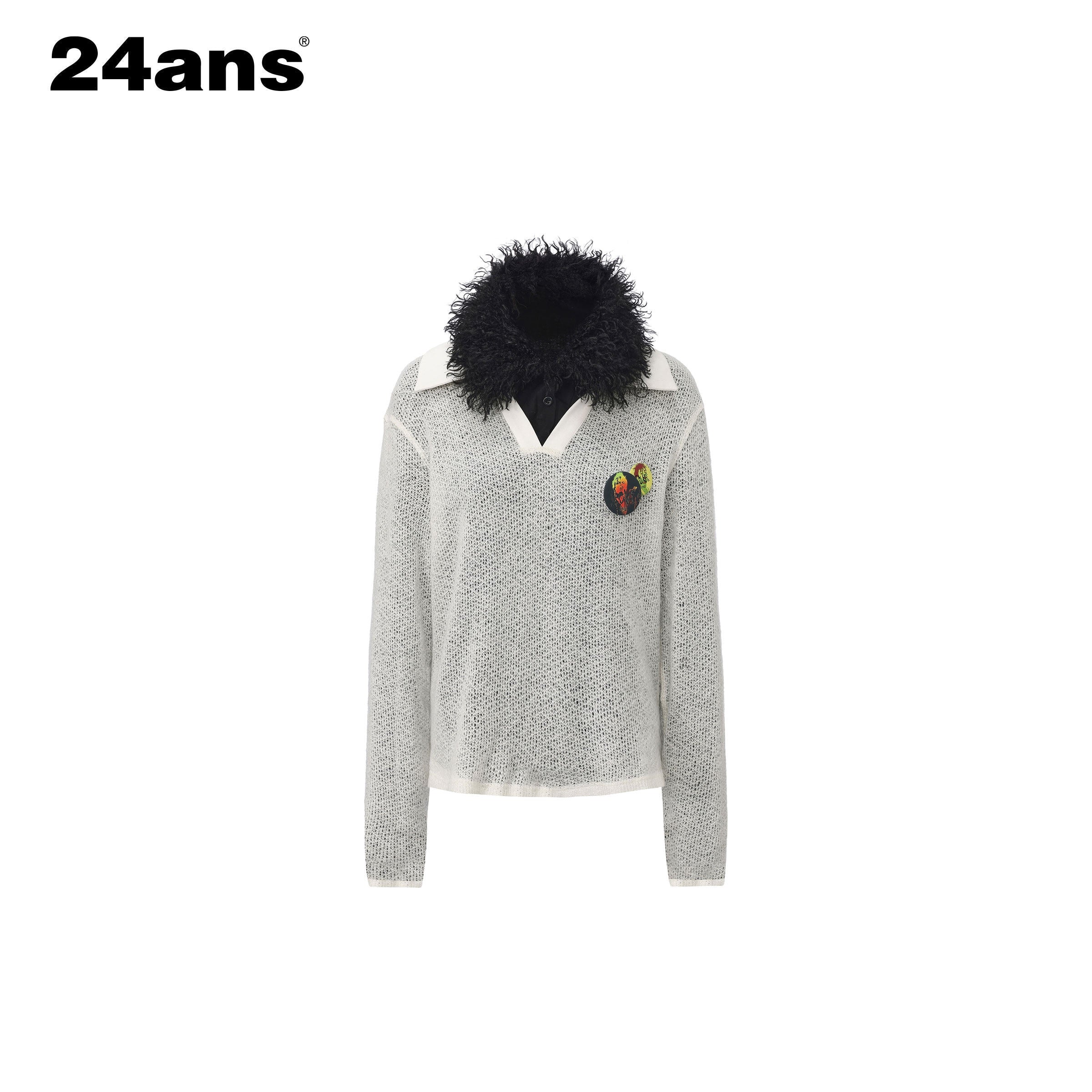 24ans_Soft_Acrylic_Patchwork_Loose_Fit_Crop_Polo_Knit_Long_Sleeve_Women_Ecru_T-Shirt_MISSTT