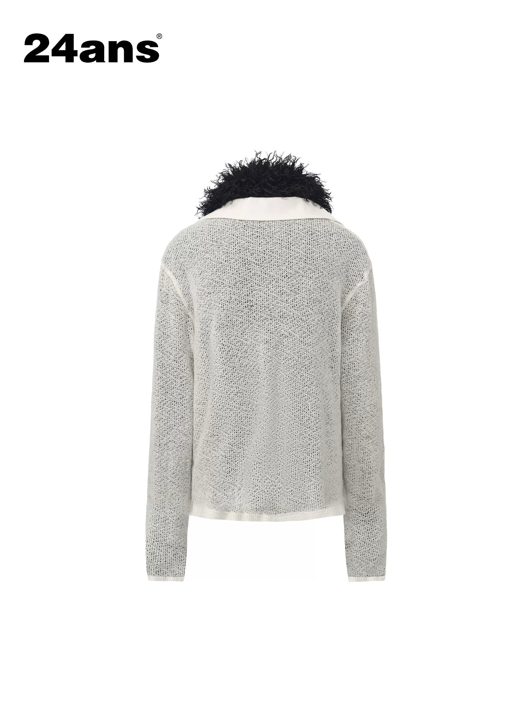 24ans Soft Acrylic Patchwork Loose Fit Crop Polo Knit Long Sleeve Women Ecru T-Shirt-2