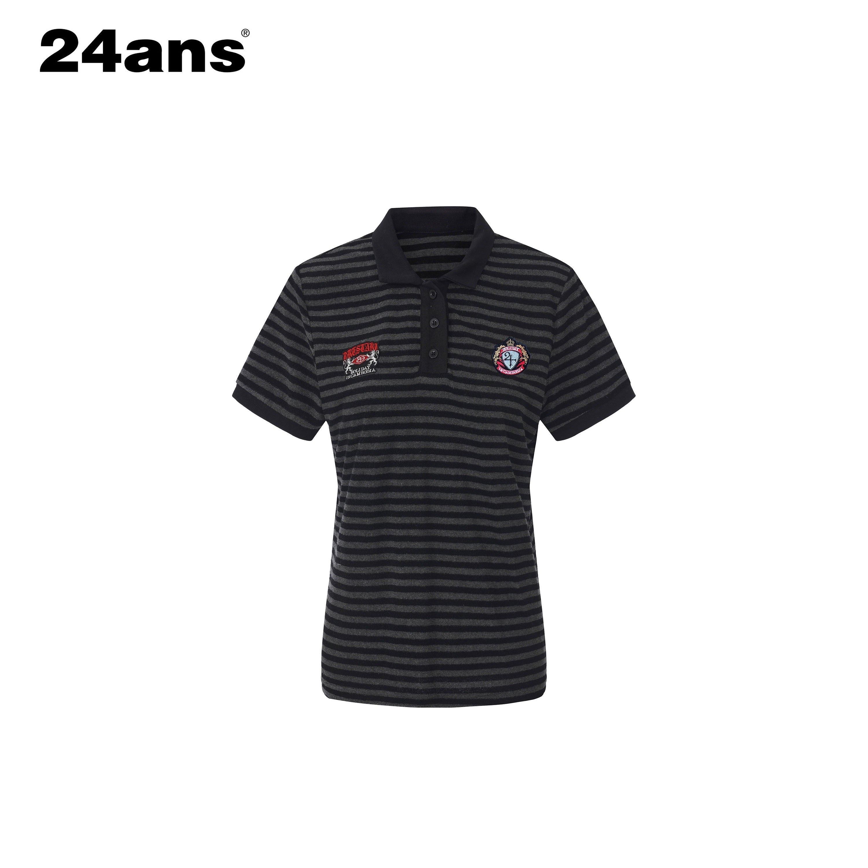 24ans Soft Cotton Blend Creative Stripe Polo Collar Straight Short Sleeve T-Shirts