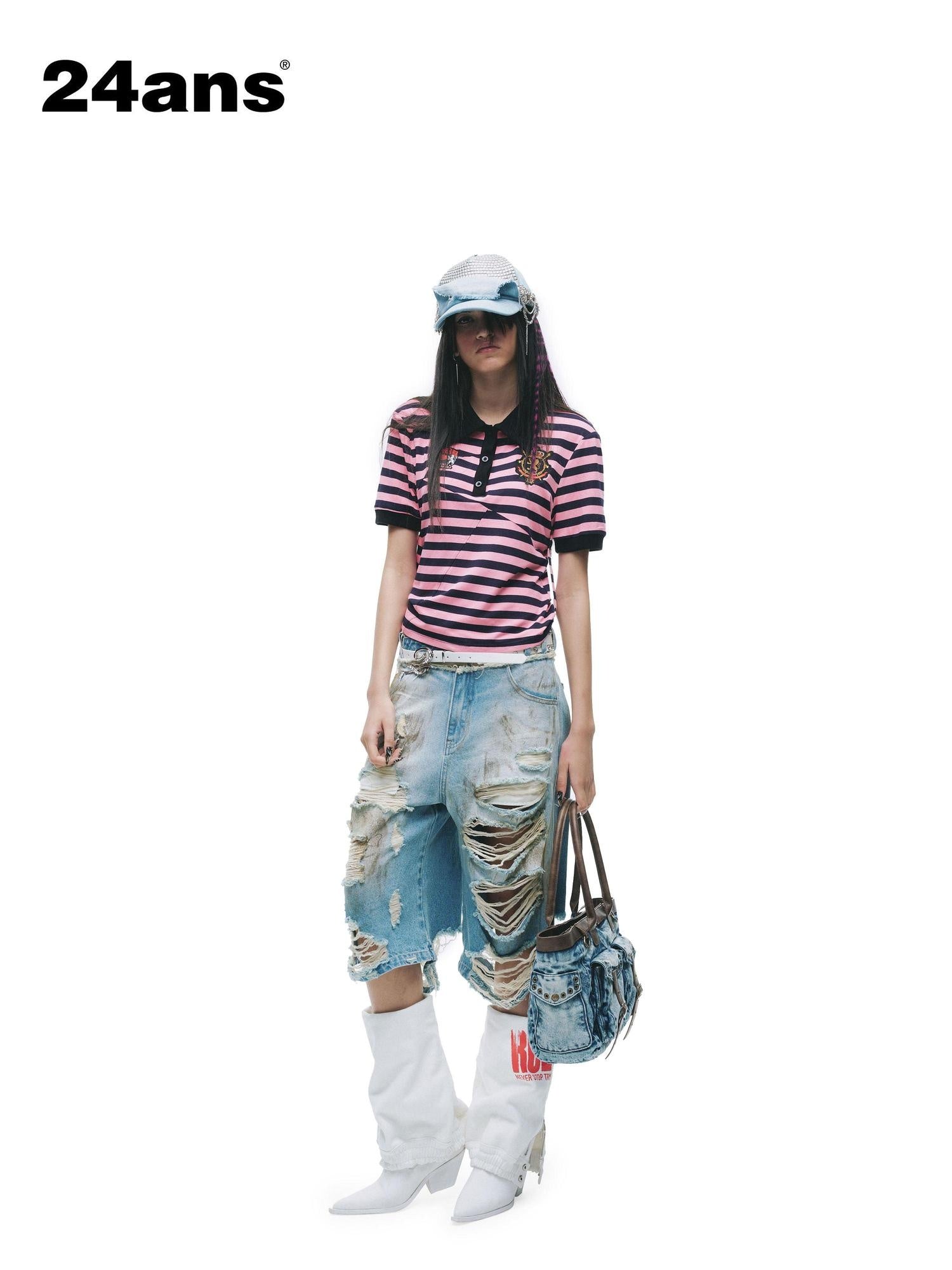 24ans Soft Cotton Blend Creative Stripe Polo Collar Straight Short Sleeve T-Shirts