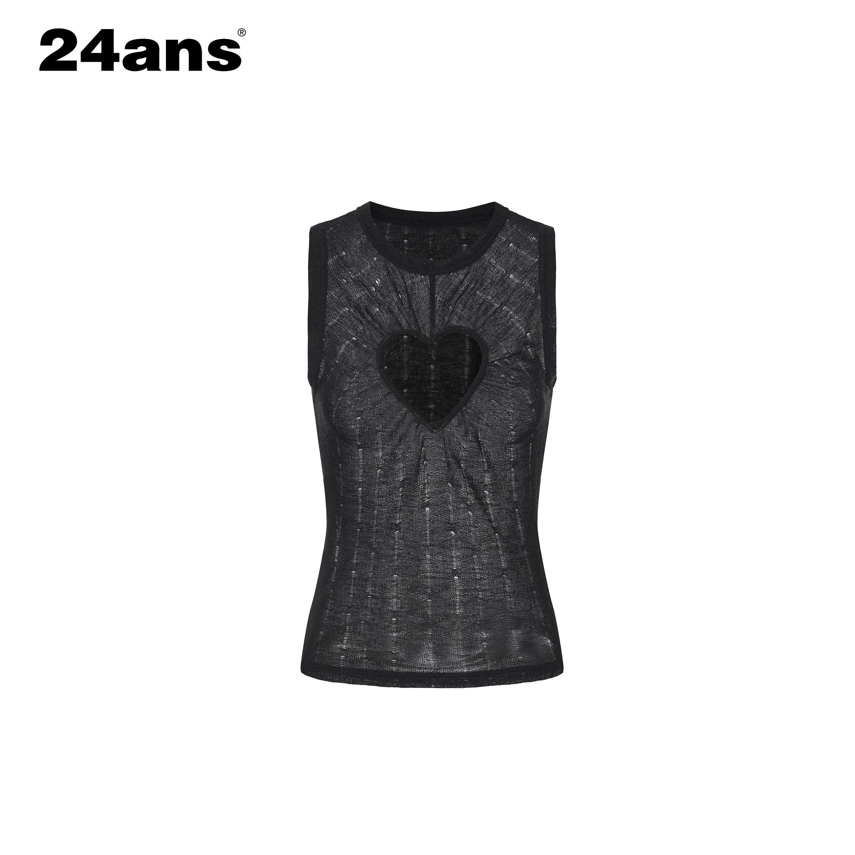 24ans Soft Stretch Slim Fit Round Neck Racerback Heart Print Black Womens Tank Tops