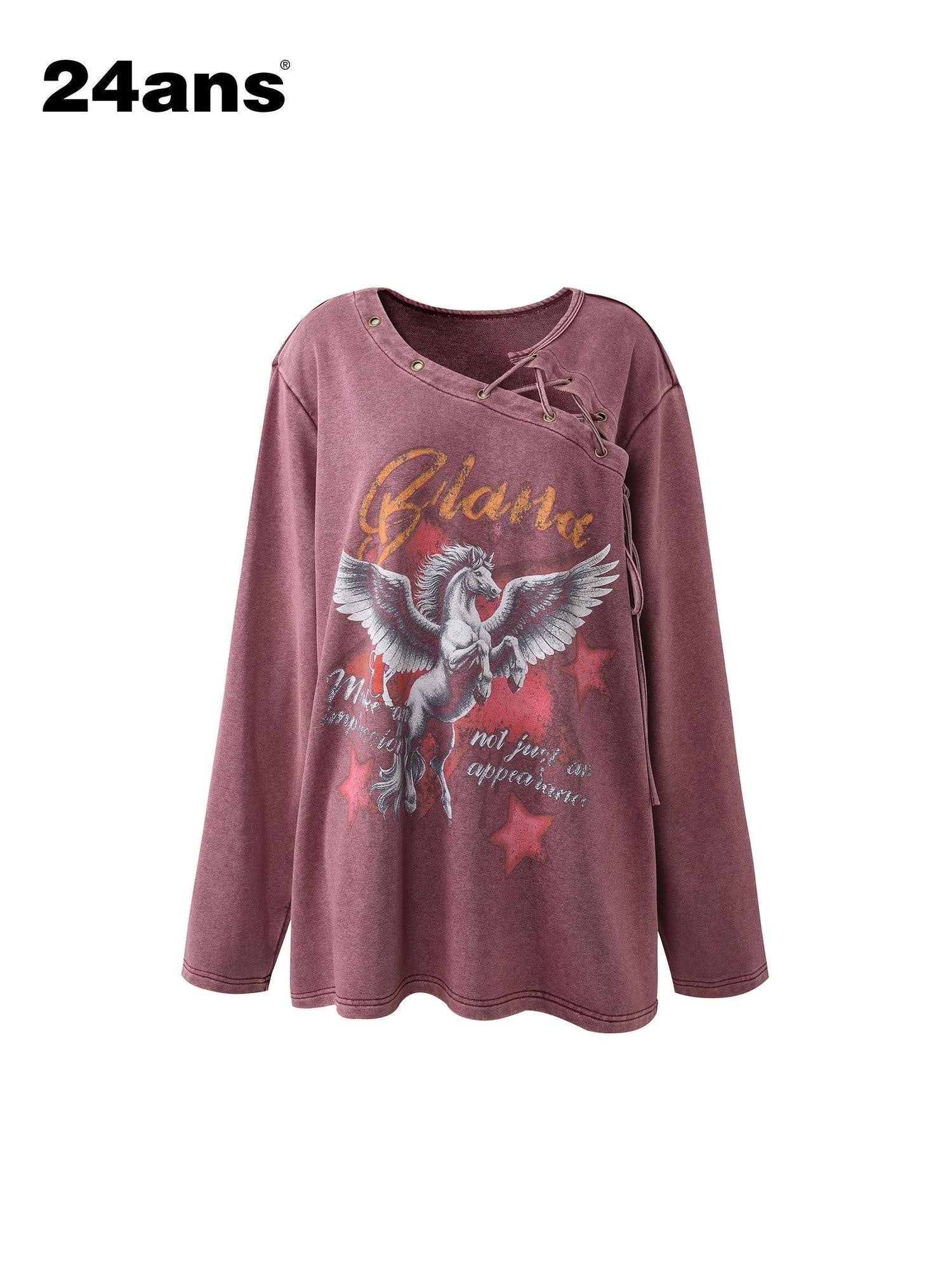24ans Soft Washed Cotton Blend Oversized Lace Up Womens Long Sleeve Sweatshirts