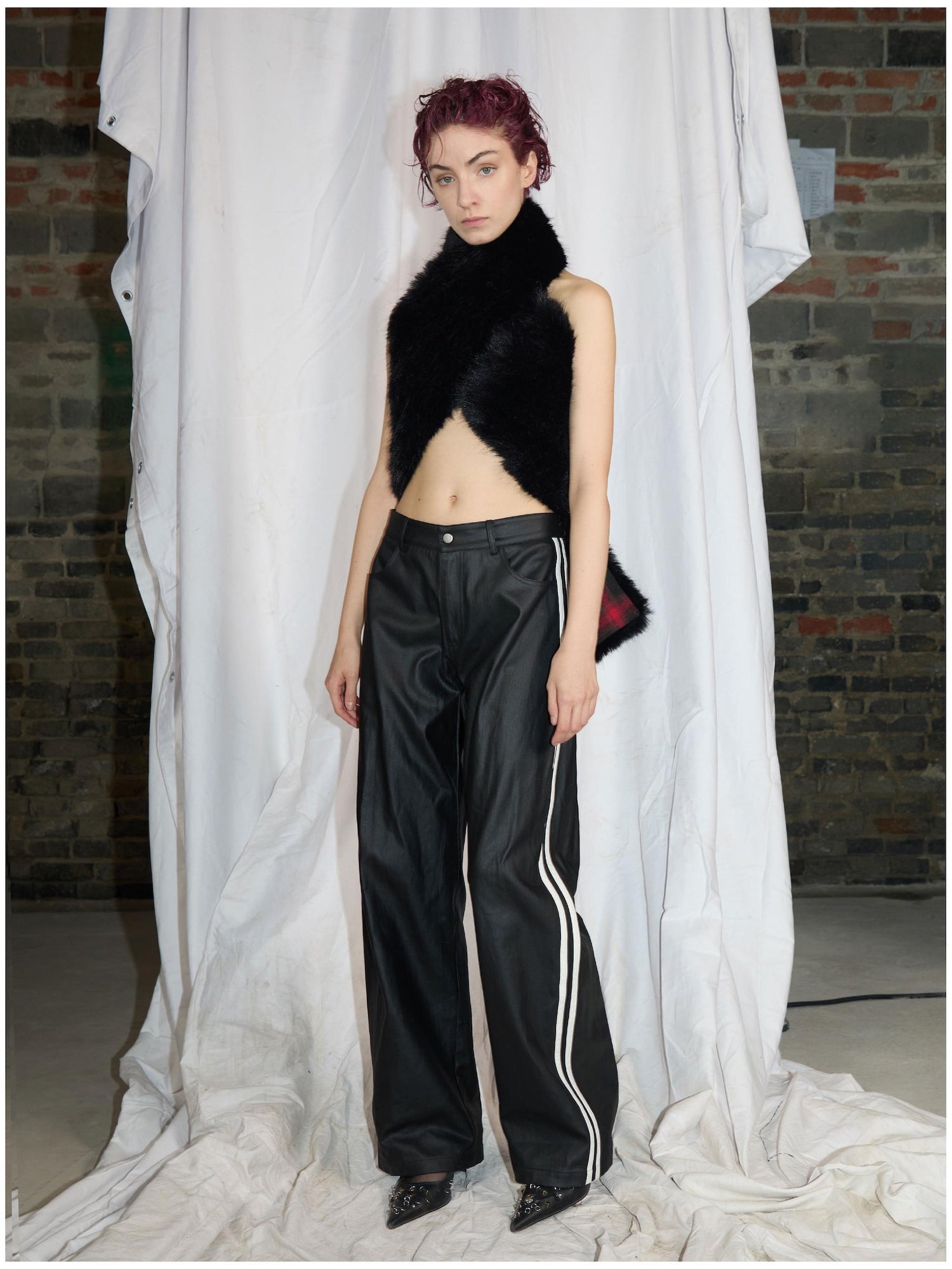 24ans Straight Leg Cotton Blend Leather Look Sport Stripe Pants