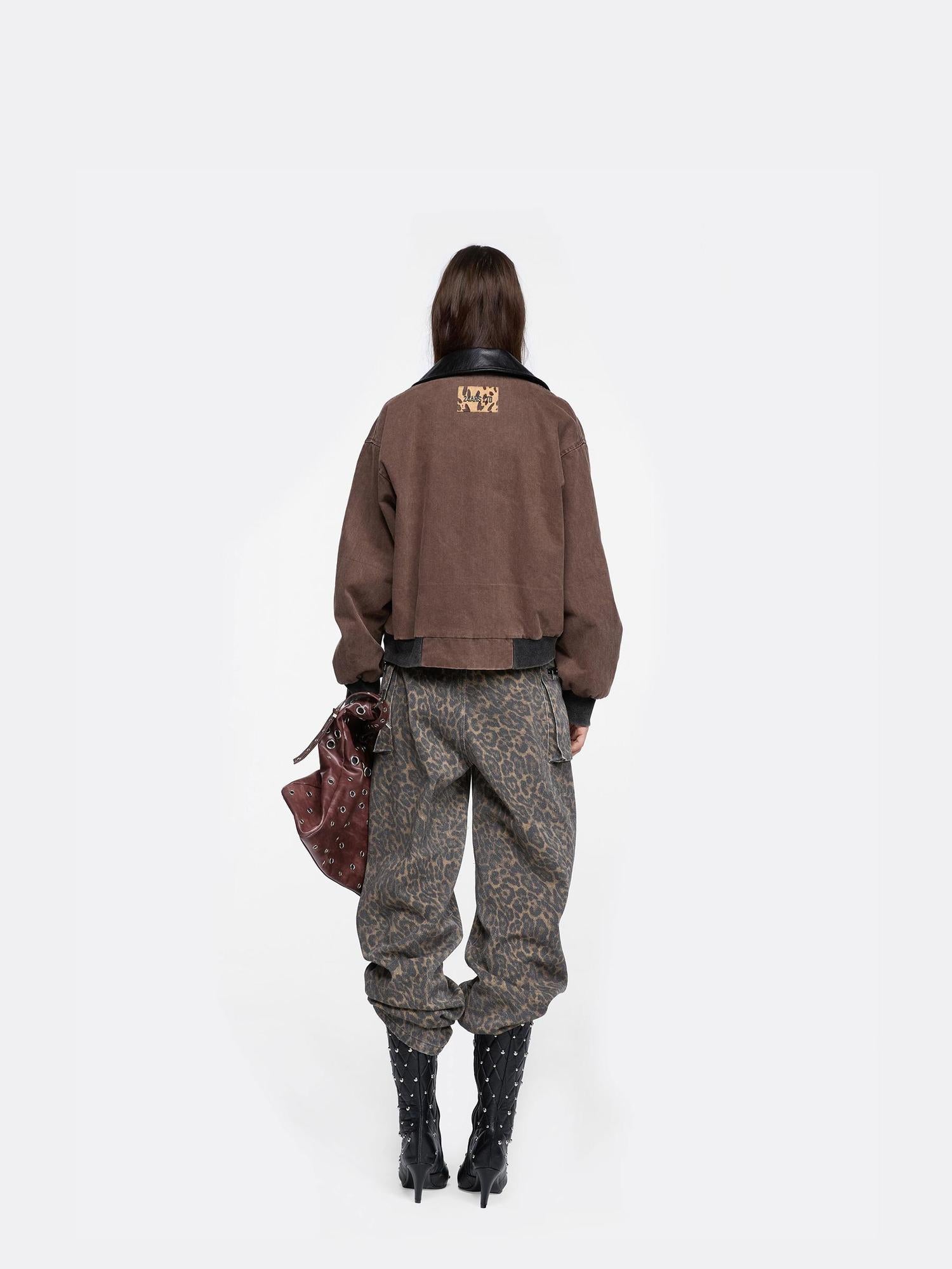 24ans Straight Leg Pants With Leopard Print And Washed Effect