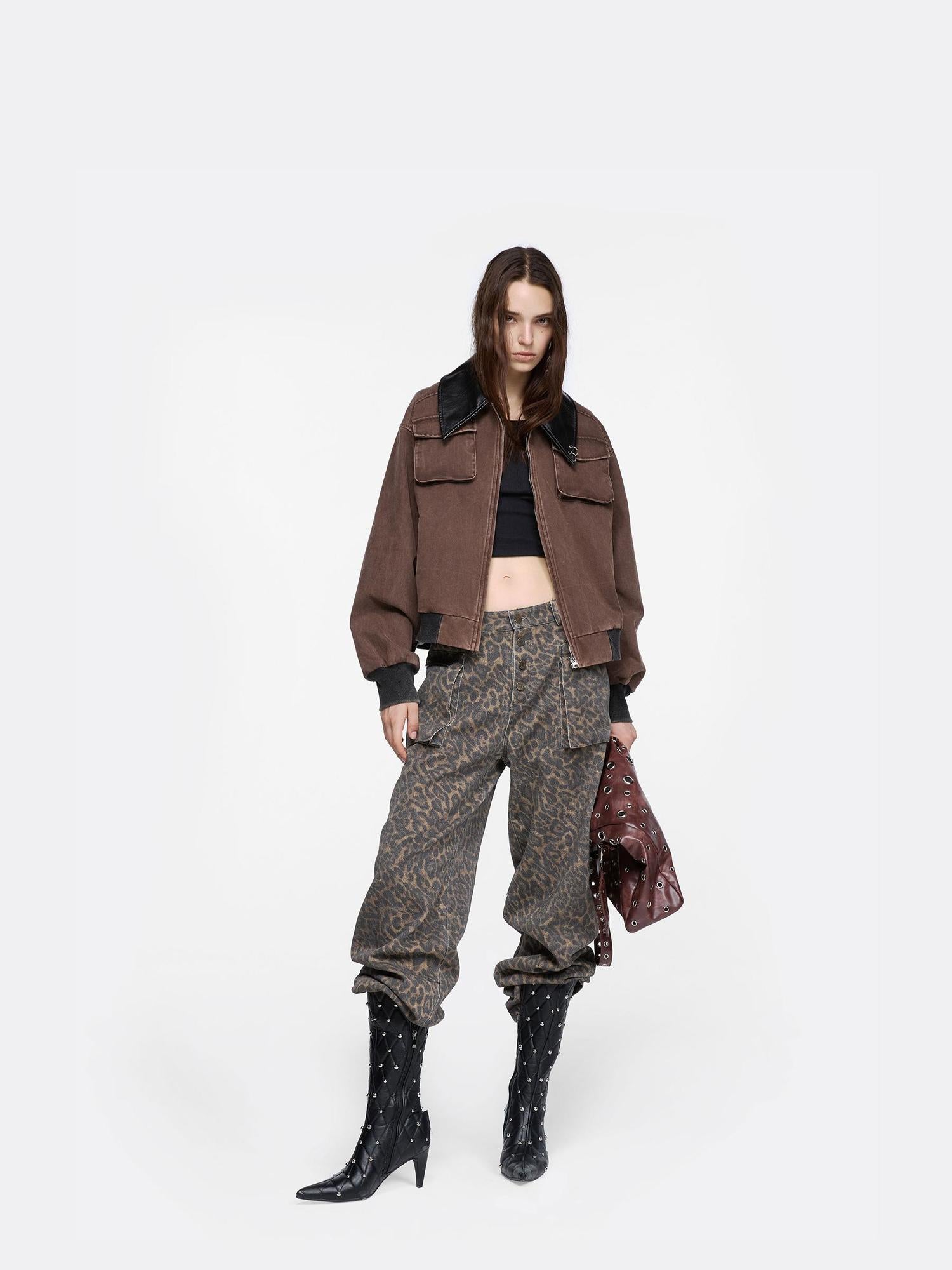 24ans Straight Leg Pants With Leopard Print And Washed Effect