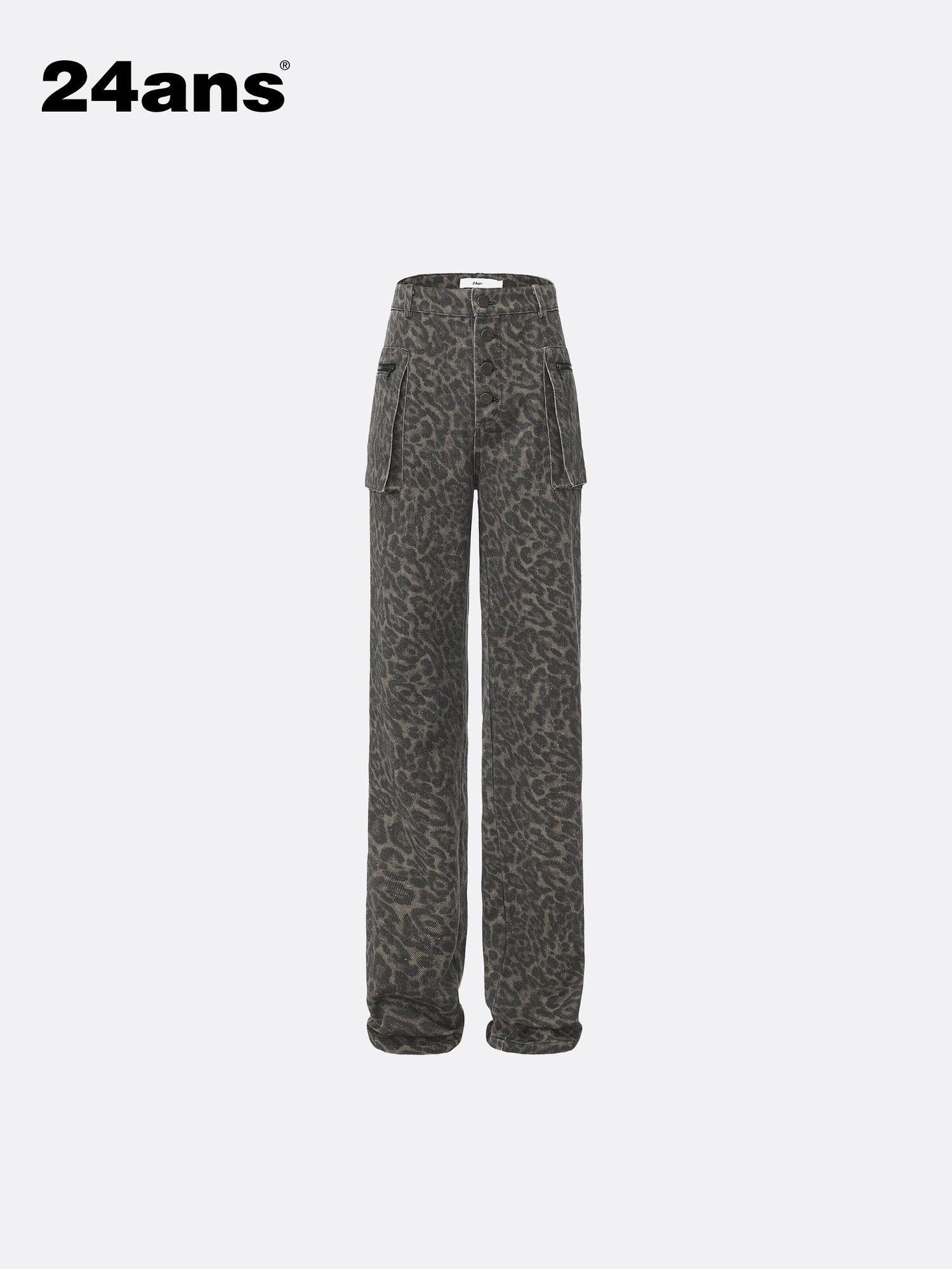 24ans Straight Leg Pants With Leopard Print And Washed Effect