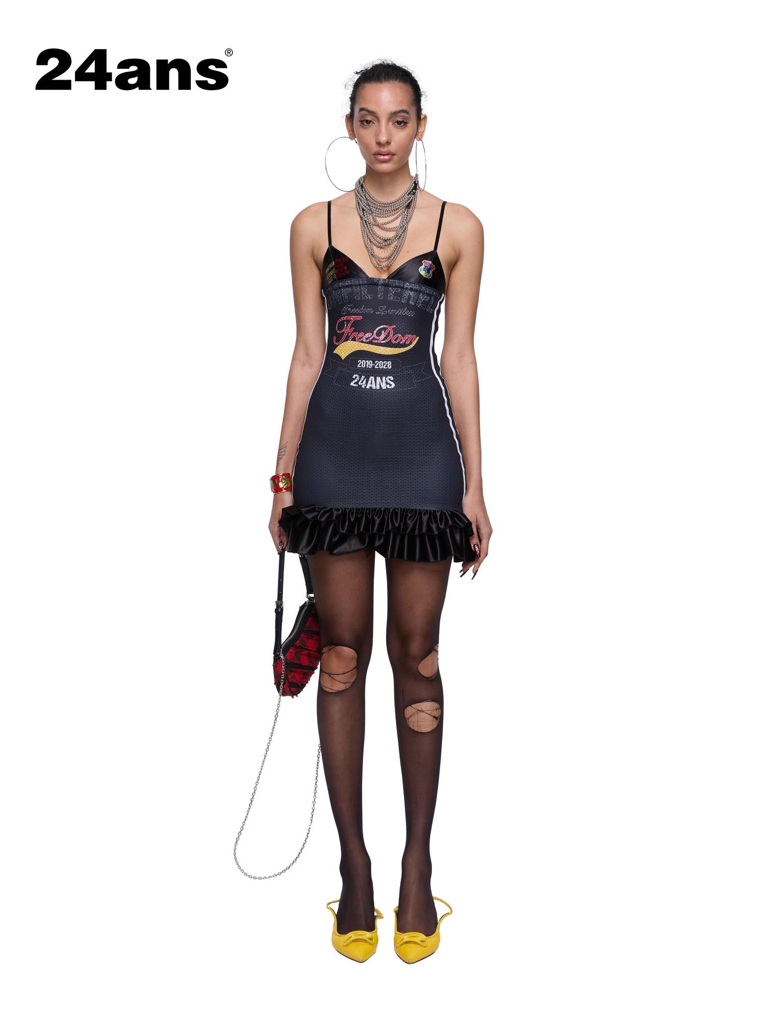 24ans Strap Letter Print Lace Trim Jersey Dress