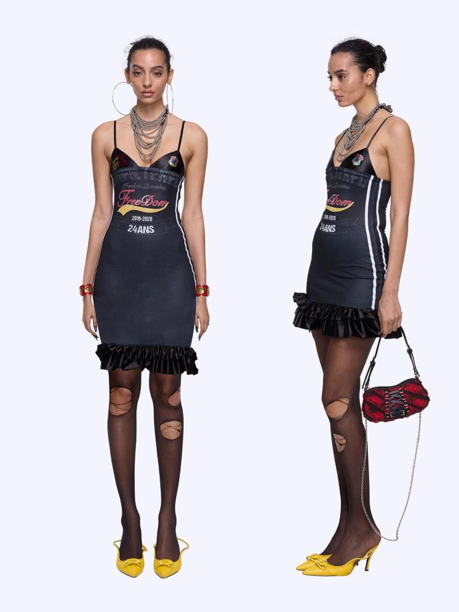 24ans Strap Letter Print Lace Trim Jersey Dress