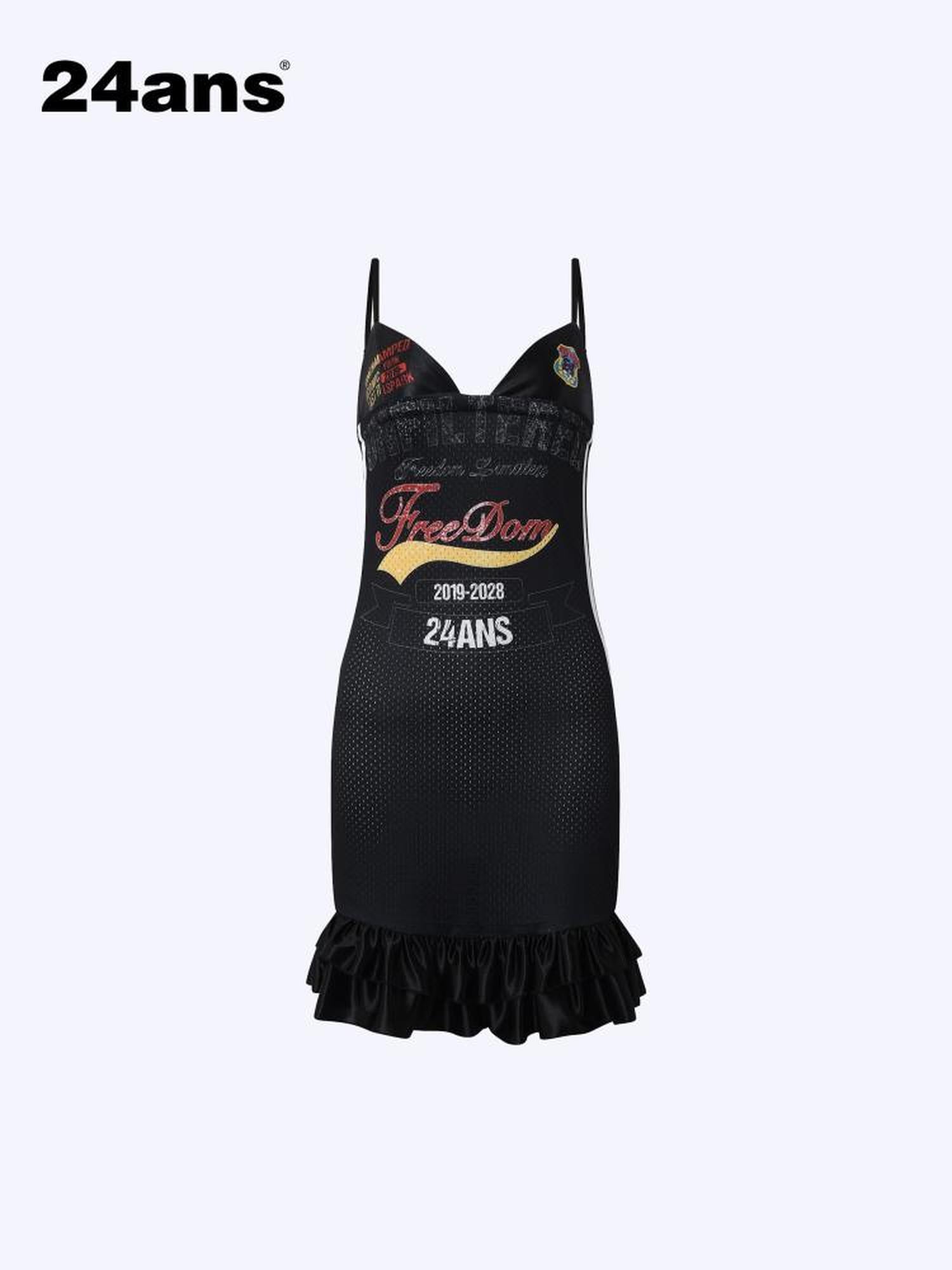 24ans Strap Letter Print Lace Trim Jersey Dress