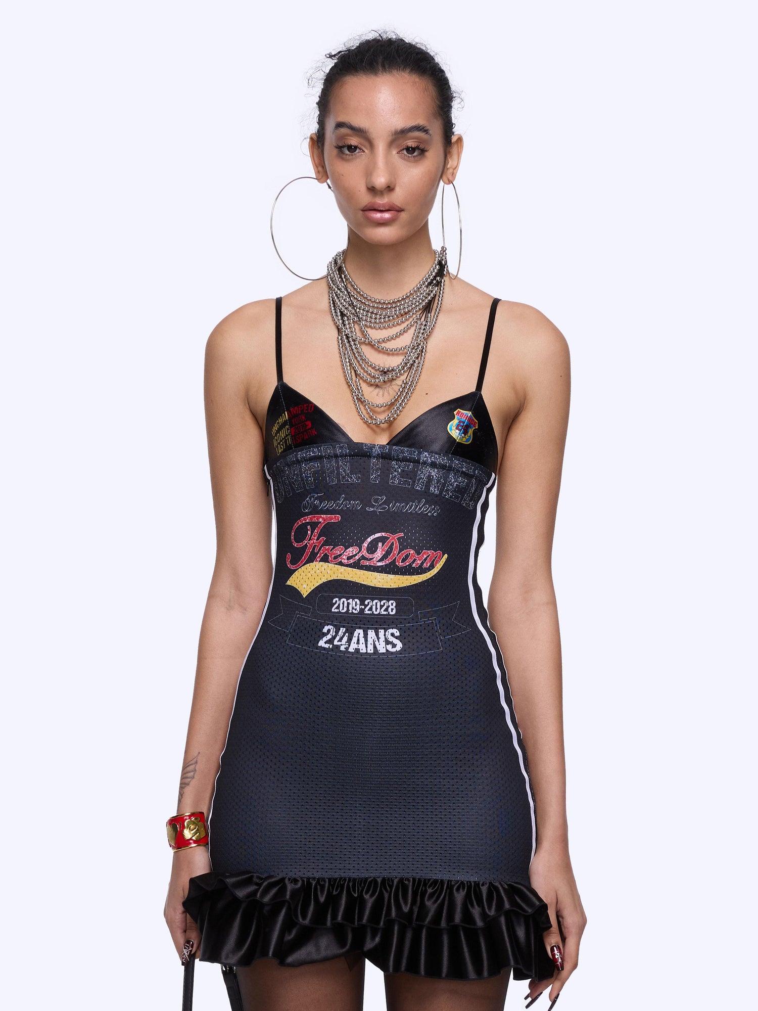 24ans Strap Letter Print Lace Trim Jersey Dress