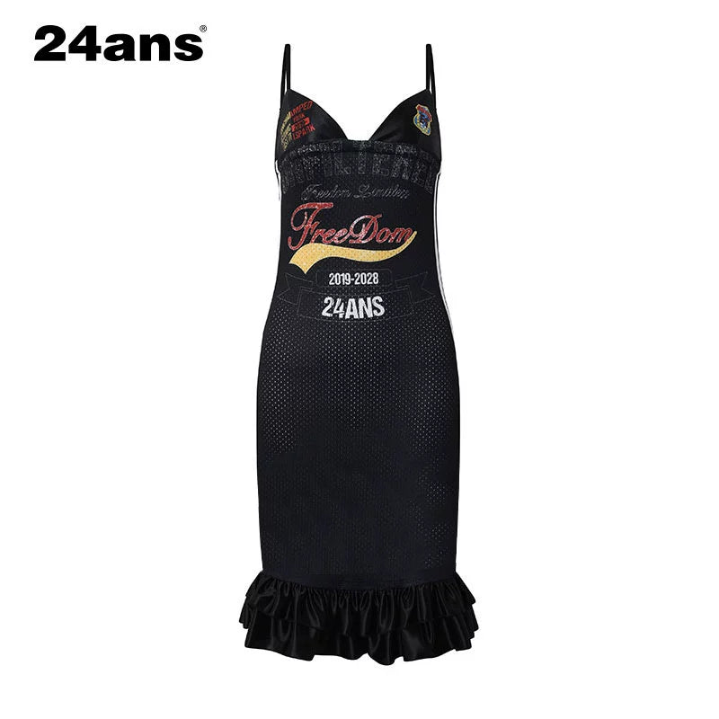 24ans Strap Letter Print Lace Trim Jersey Dress MISSTT
