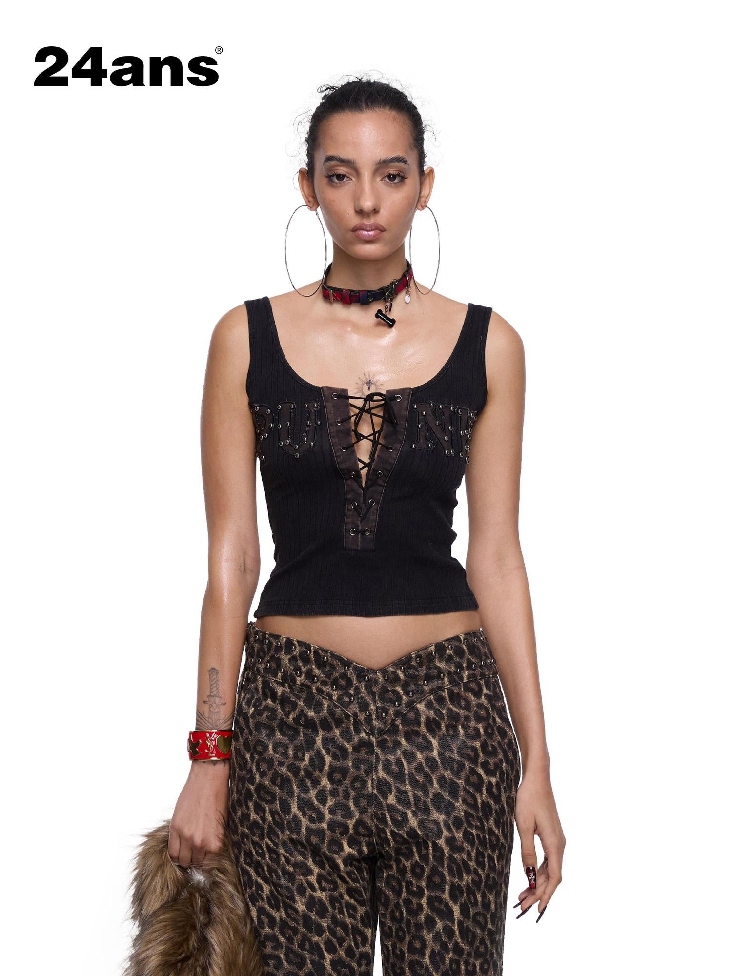24ans Strap Rivet Washed Stripe Applique Vest