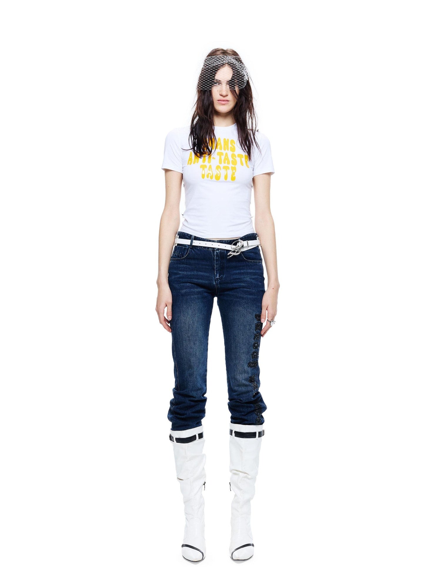 24ans Stretch Cotton Slim Fit Cropped Crew Neck Letter Print Short Sleeve T-Shirts