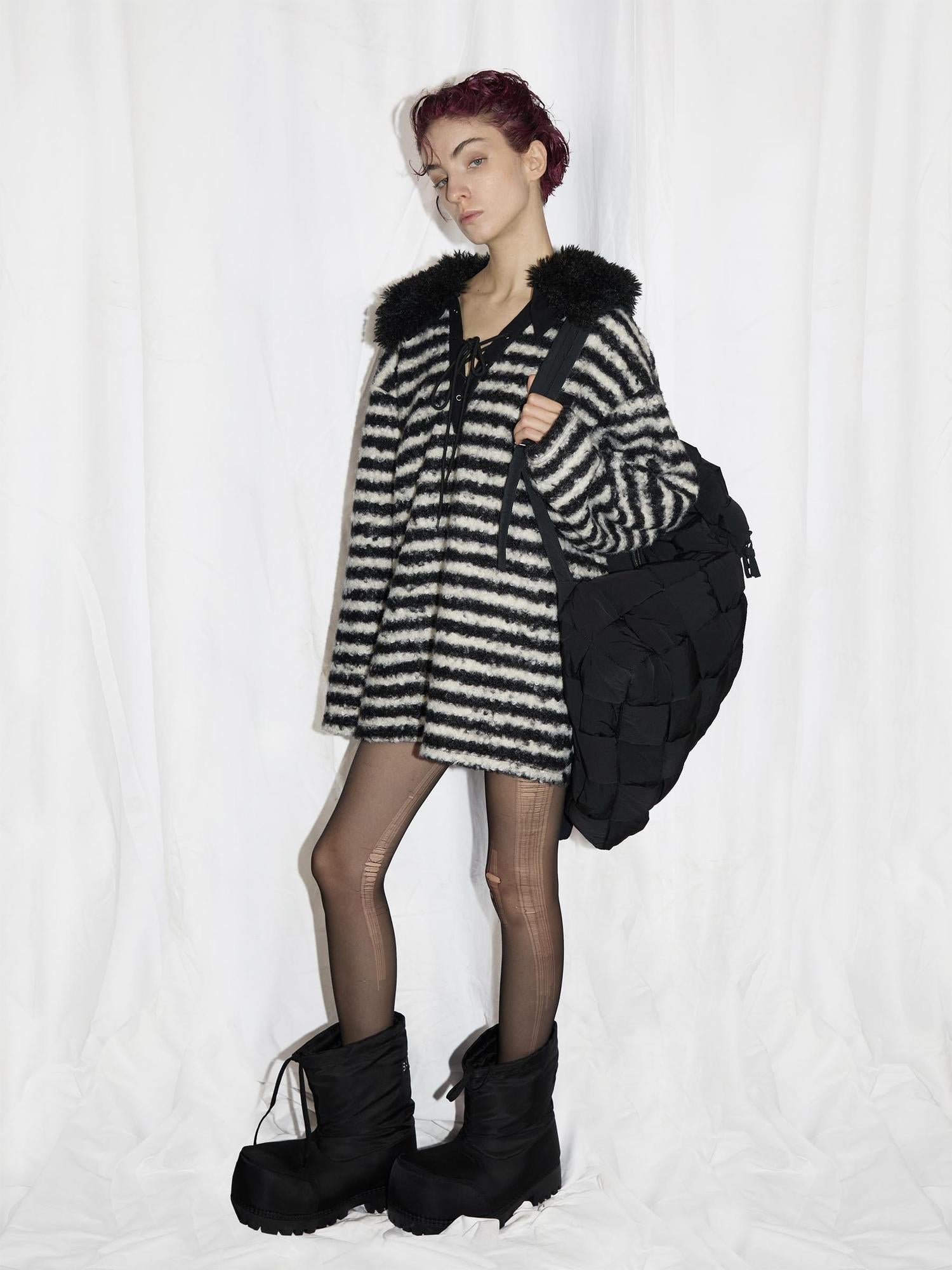 24ans Striped Detachable Shearling Collar Knit Sweater