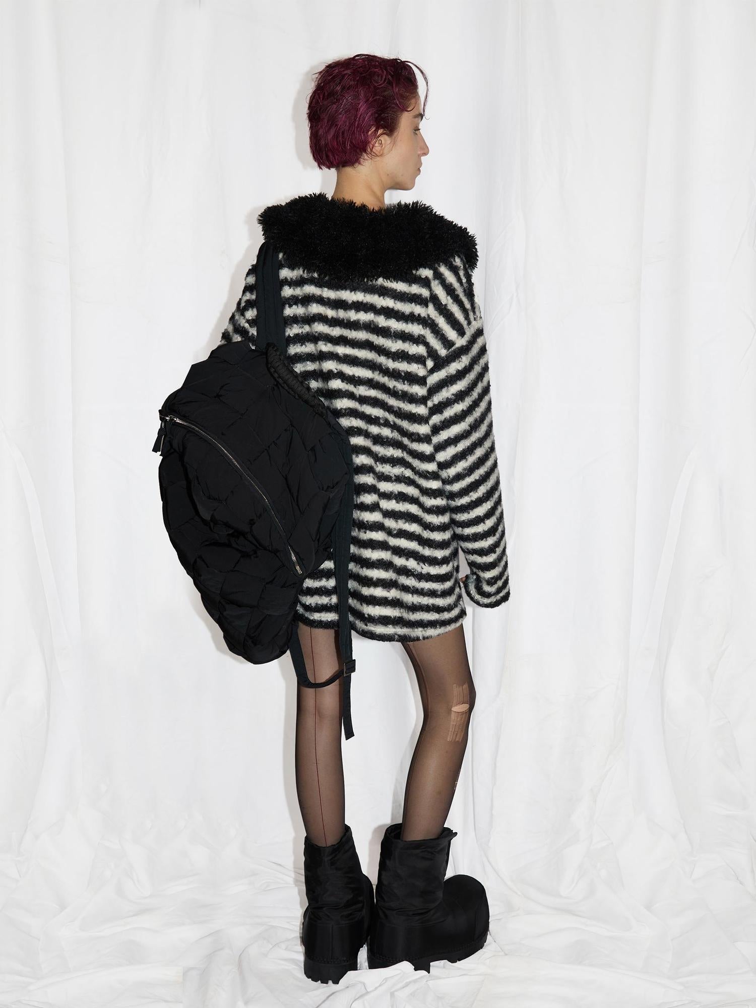 24ans Striped Detachable Shearling Collar Knit Sweater