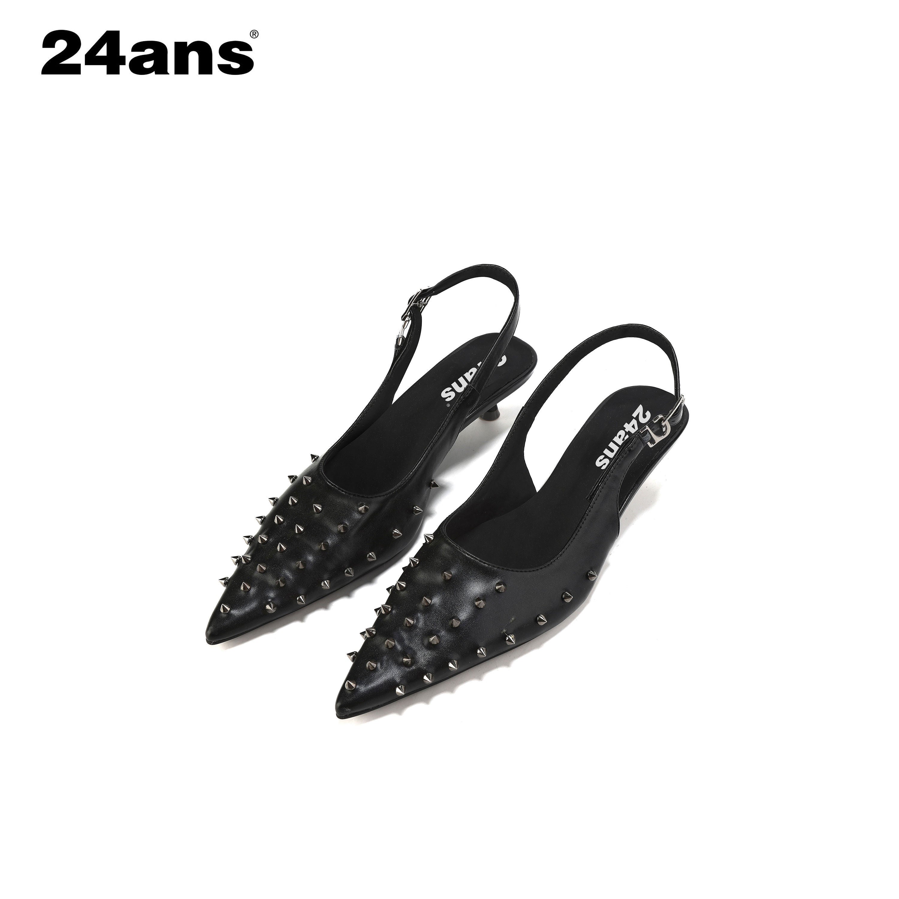 24ans Studded Pointed Toe Stiletto Low Cut Single Strap Women Pu Lined Pumps