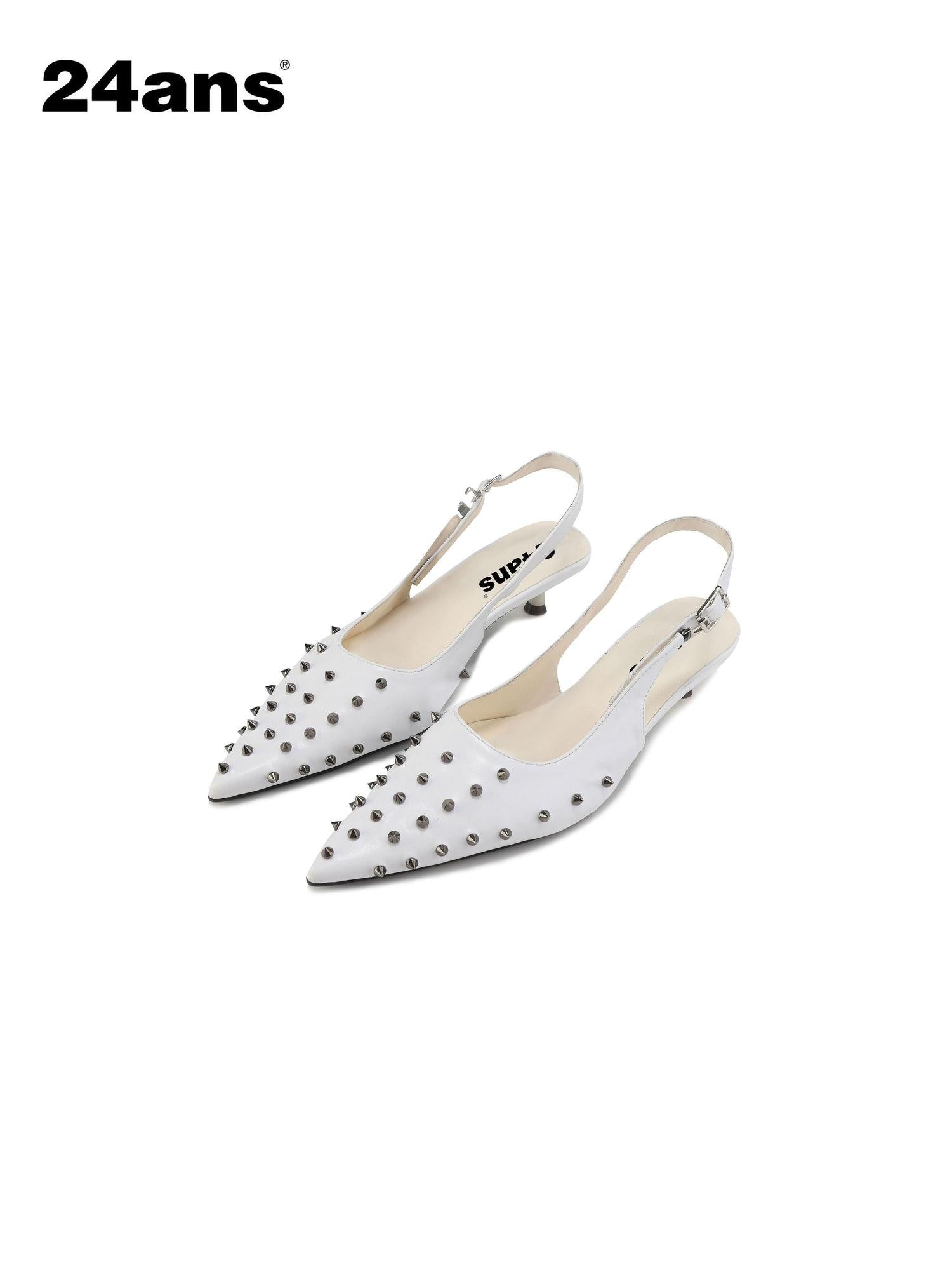24ans Studded Pointed Toe Stiletto Low Cut Single Strap Women Pu Lined Pumps