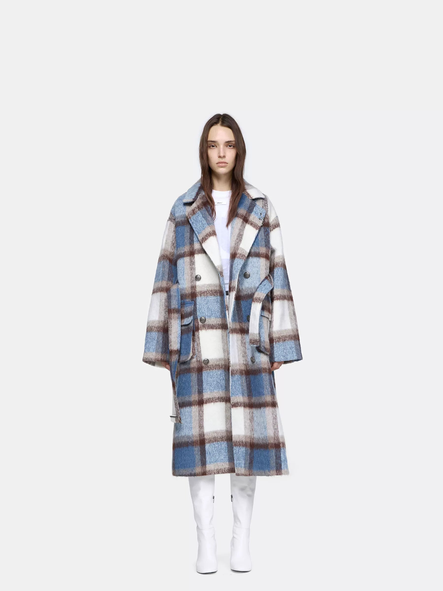 24ans Thick Wool Blend Plaid Punk Double Breasted Long Lapel Women Blue White Coat-1