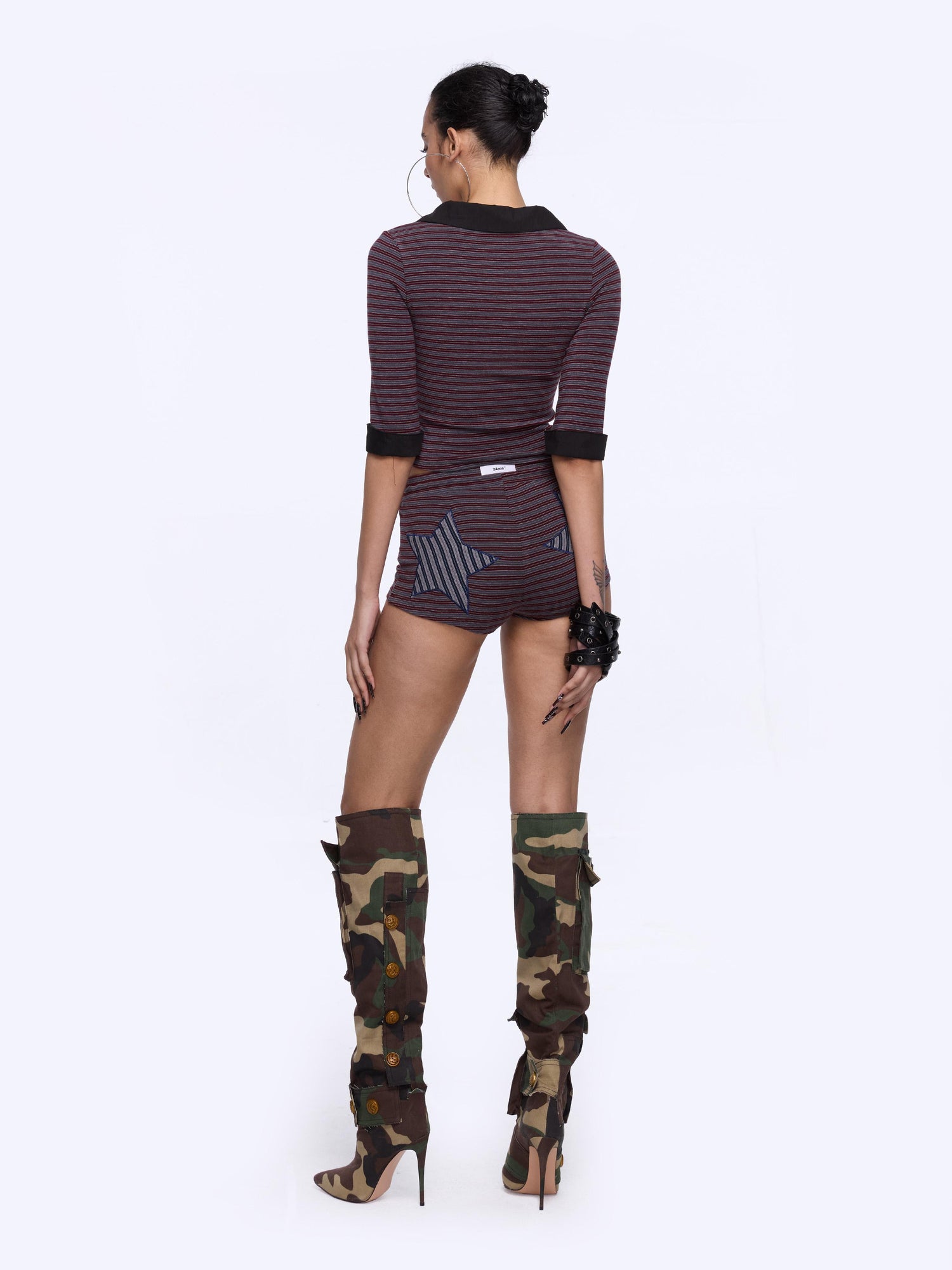 24ans Two Tone Star Applique Stripe Top And Shorts Set