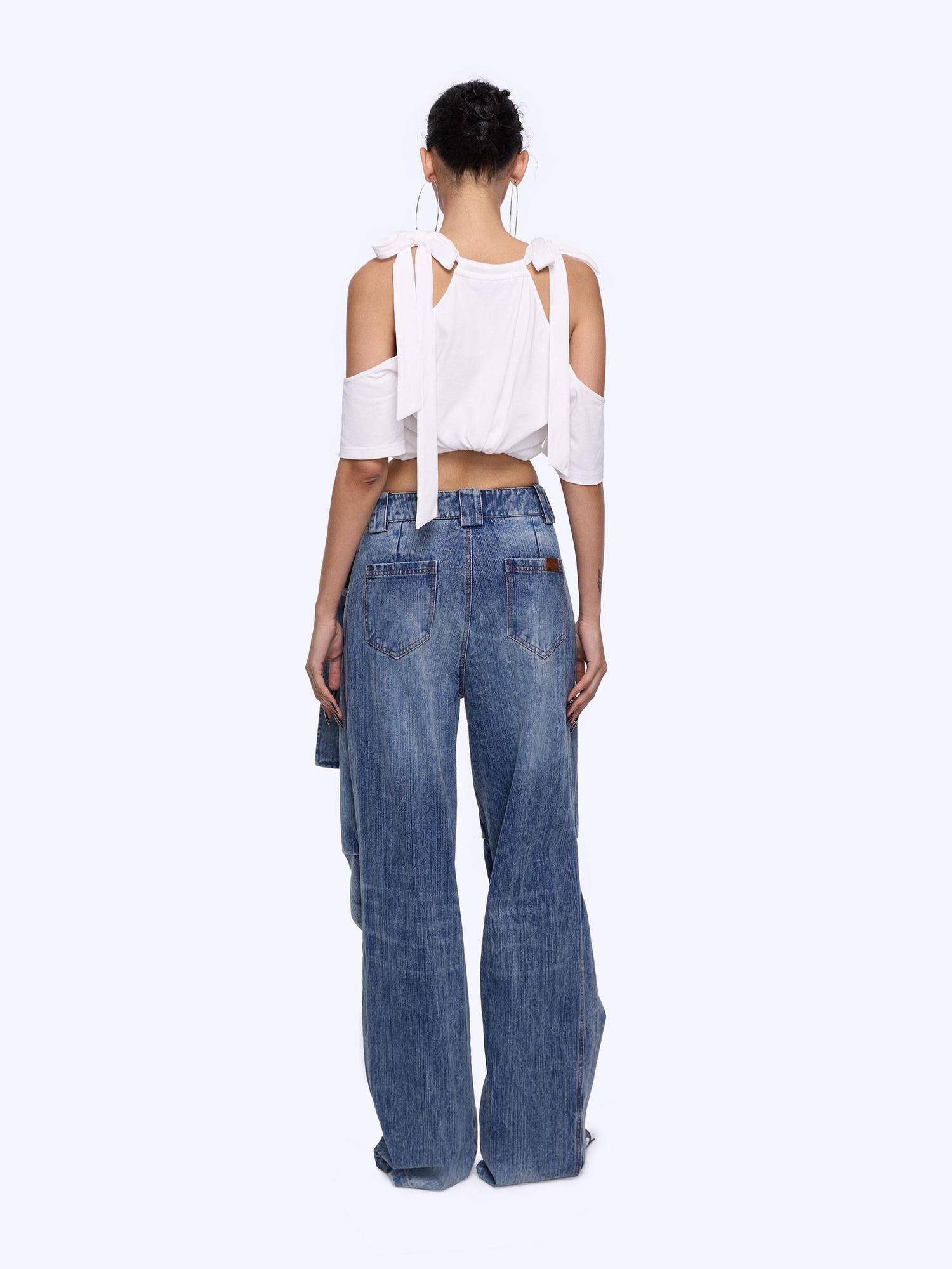 24ans Vintage Bow Tie Belted Ruffle Hem Denim Jeans