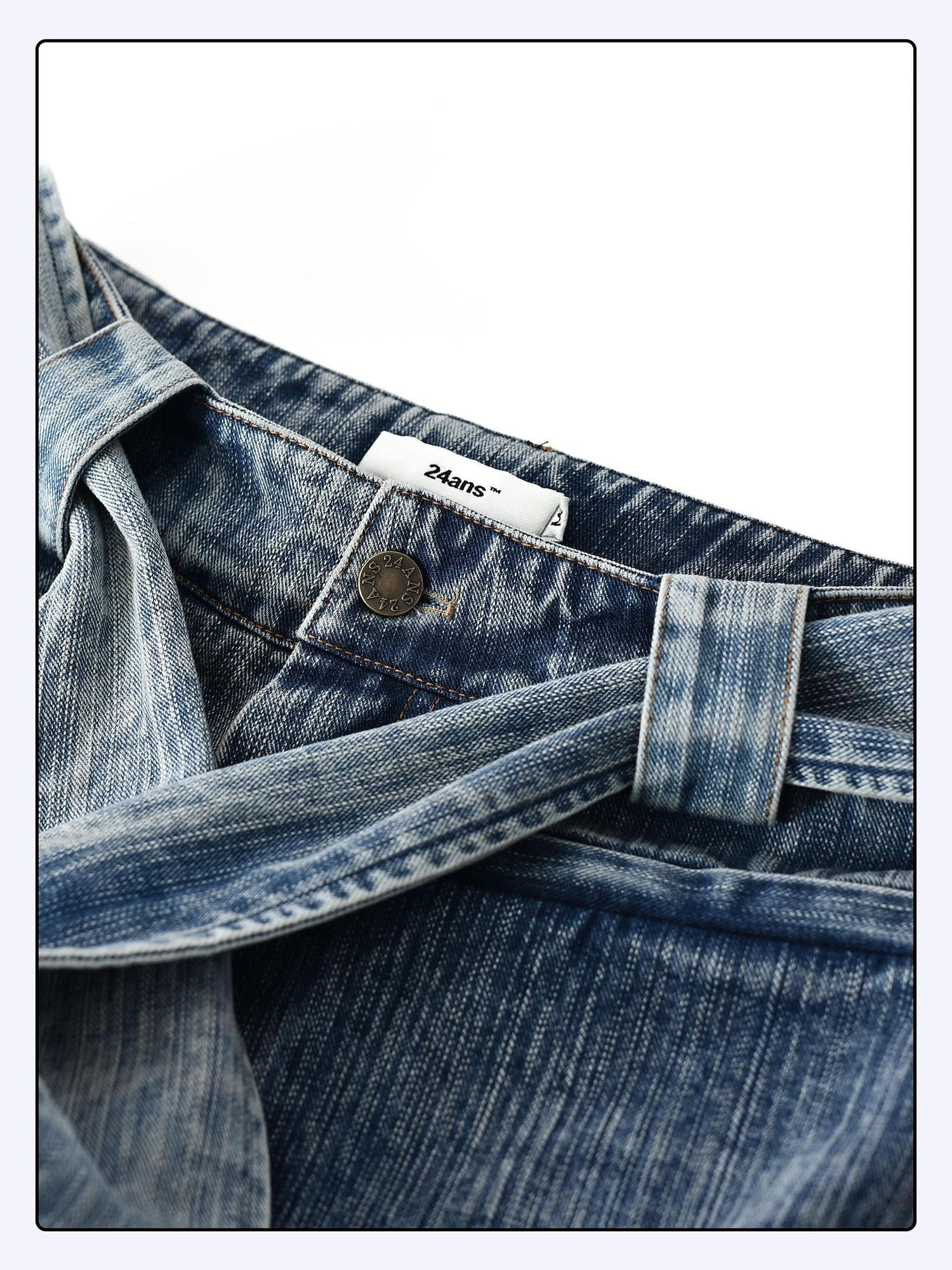24ans Vintage Bow Tie Belted Ruffle Hem Denim Jeans