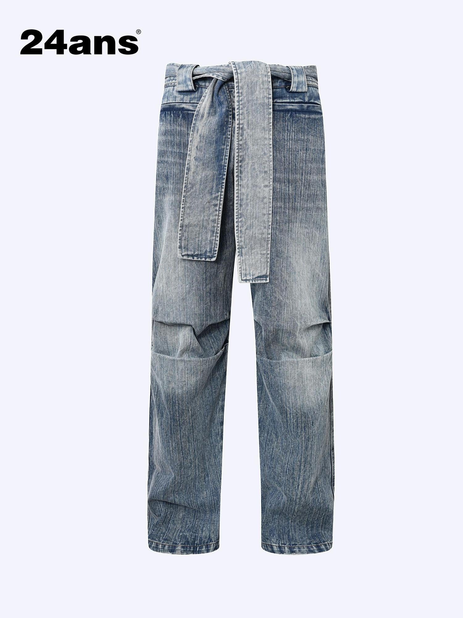 24ans Vintage Bow Tie Belted Ruffle Hem Denim Jeans