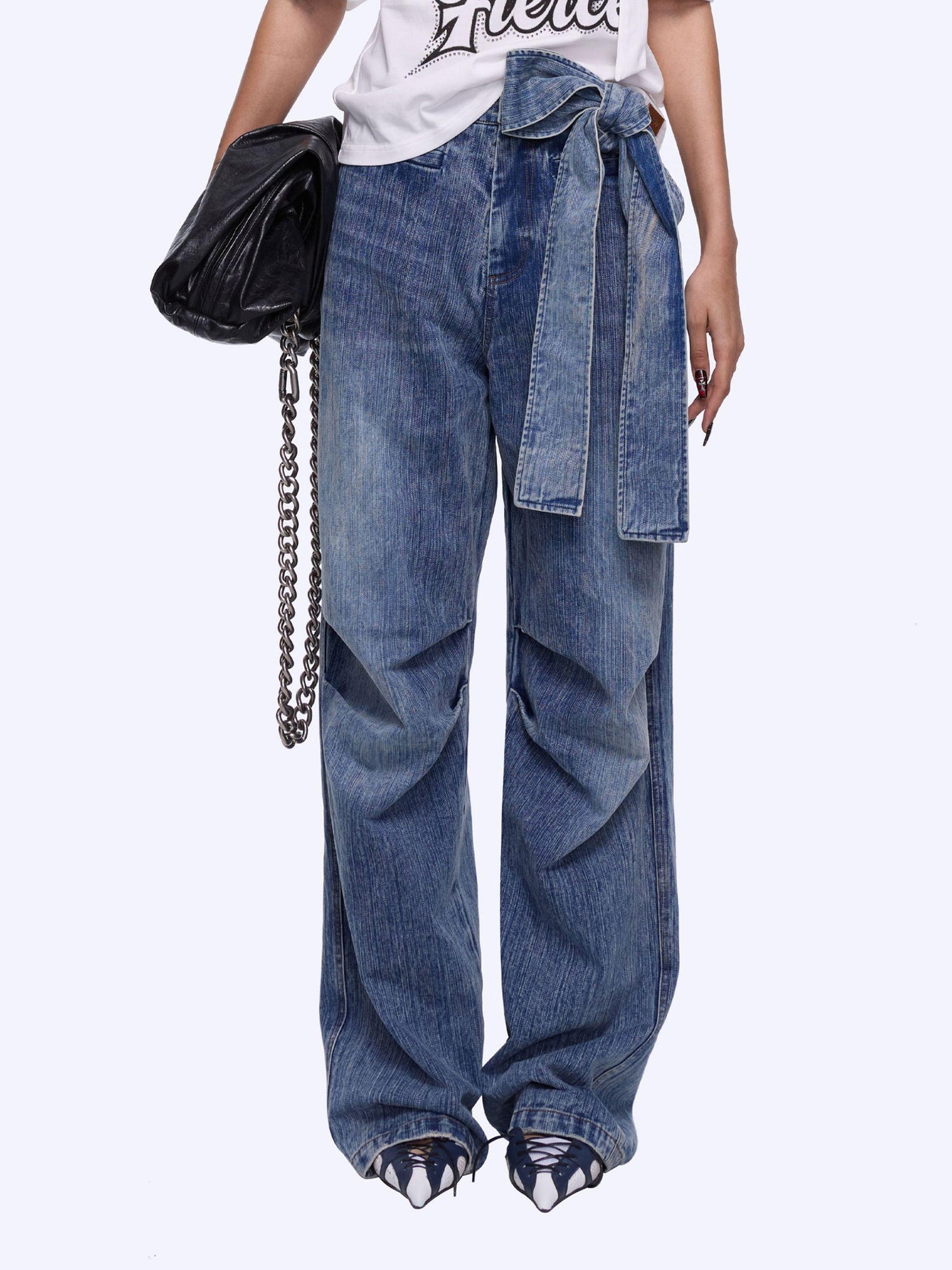 24ans Vintage Bow Tie Belted Ruffle Hem Denim Jeans