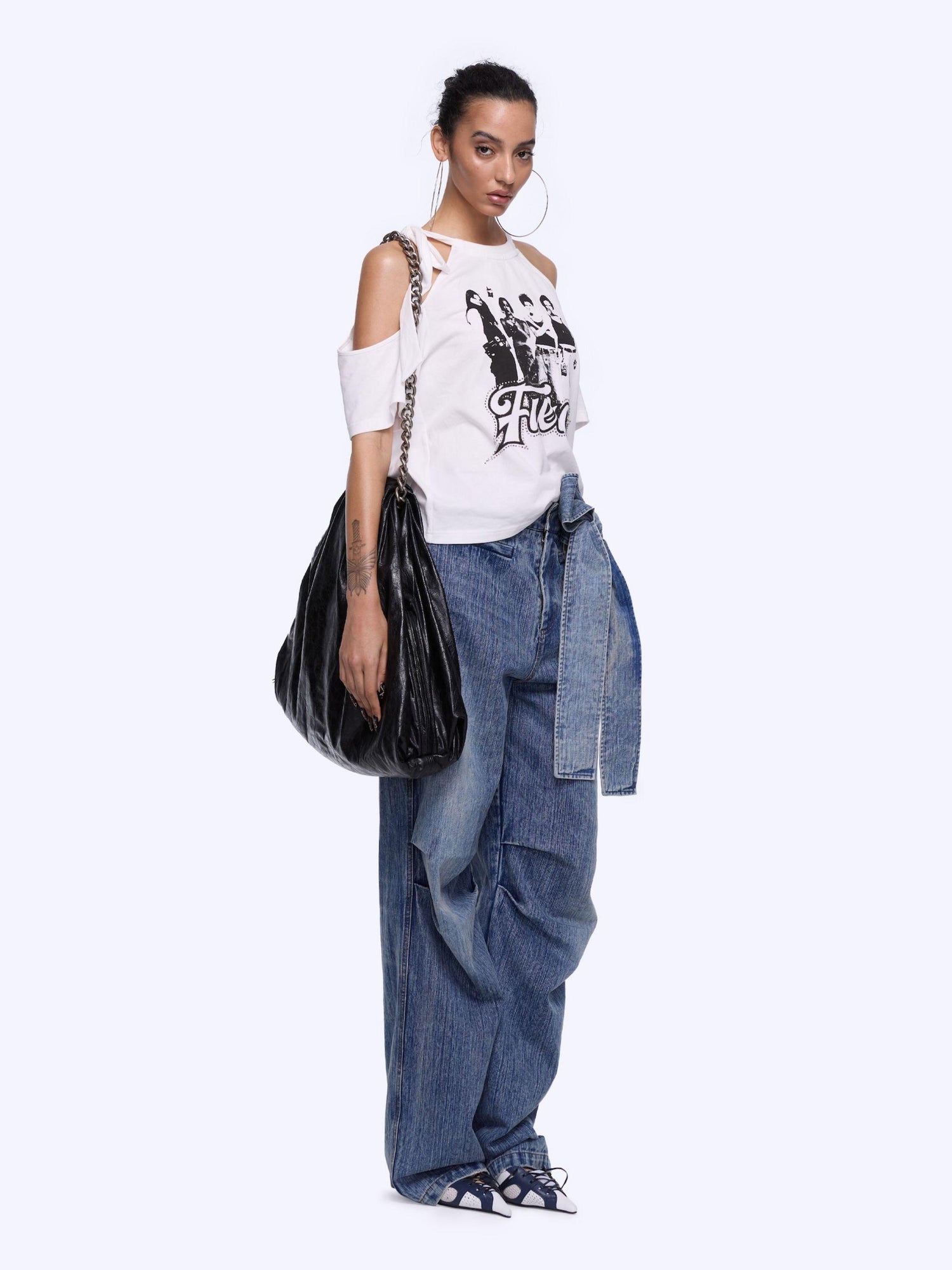 24ans Vintage Bow Tie Belted Ruffle Hem Denim Jeans