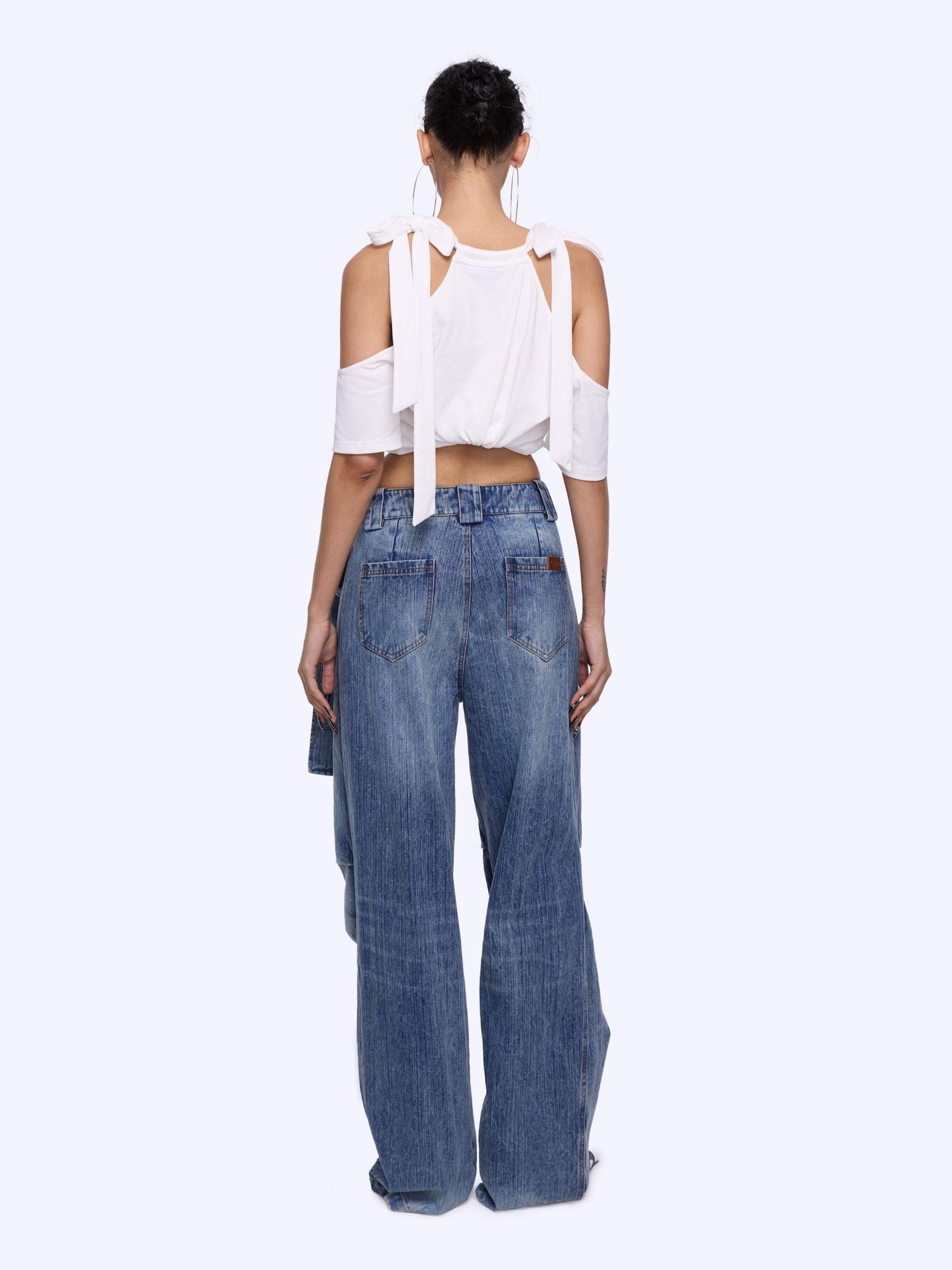 24ans Vintage Bow Tie Belted Ruffle Hem Denim Jeans