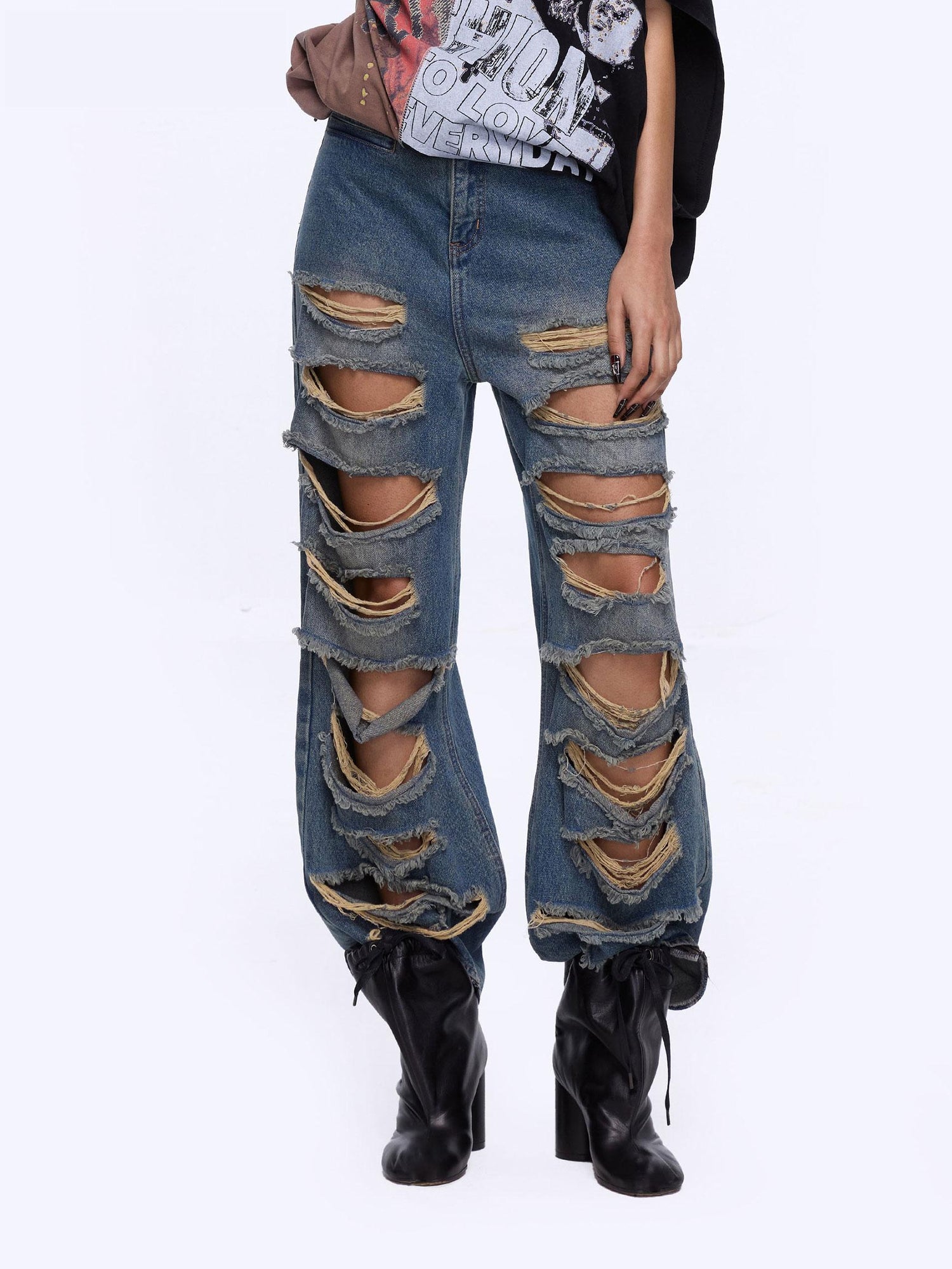 24ans Vintage Washed Distressed Ripped Flared Jeans