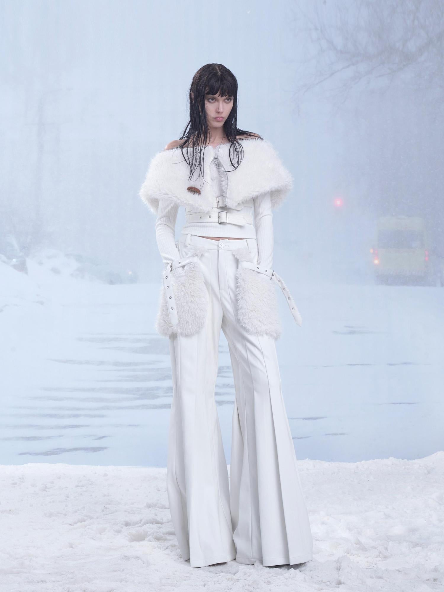 24ans Winter White Flared Suede Trousers With Fleece Lining