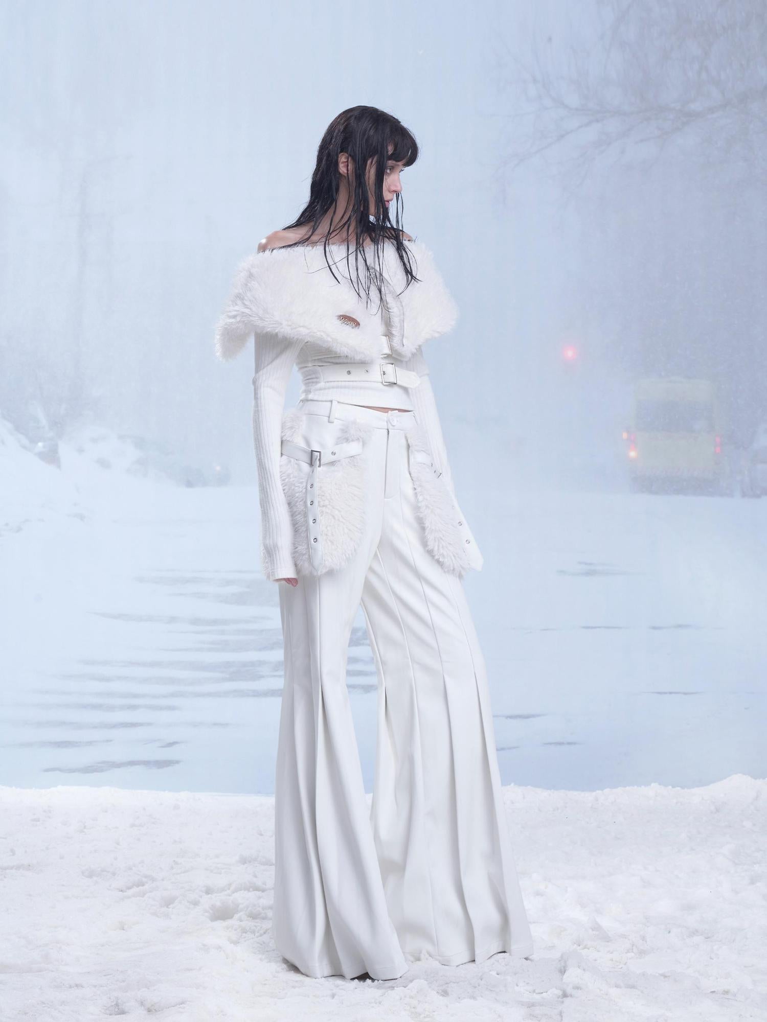 24ans Winter White Flared Suede Trousers With Fleece Lining