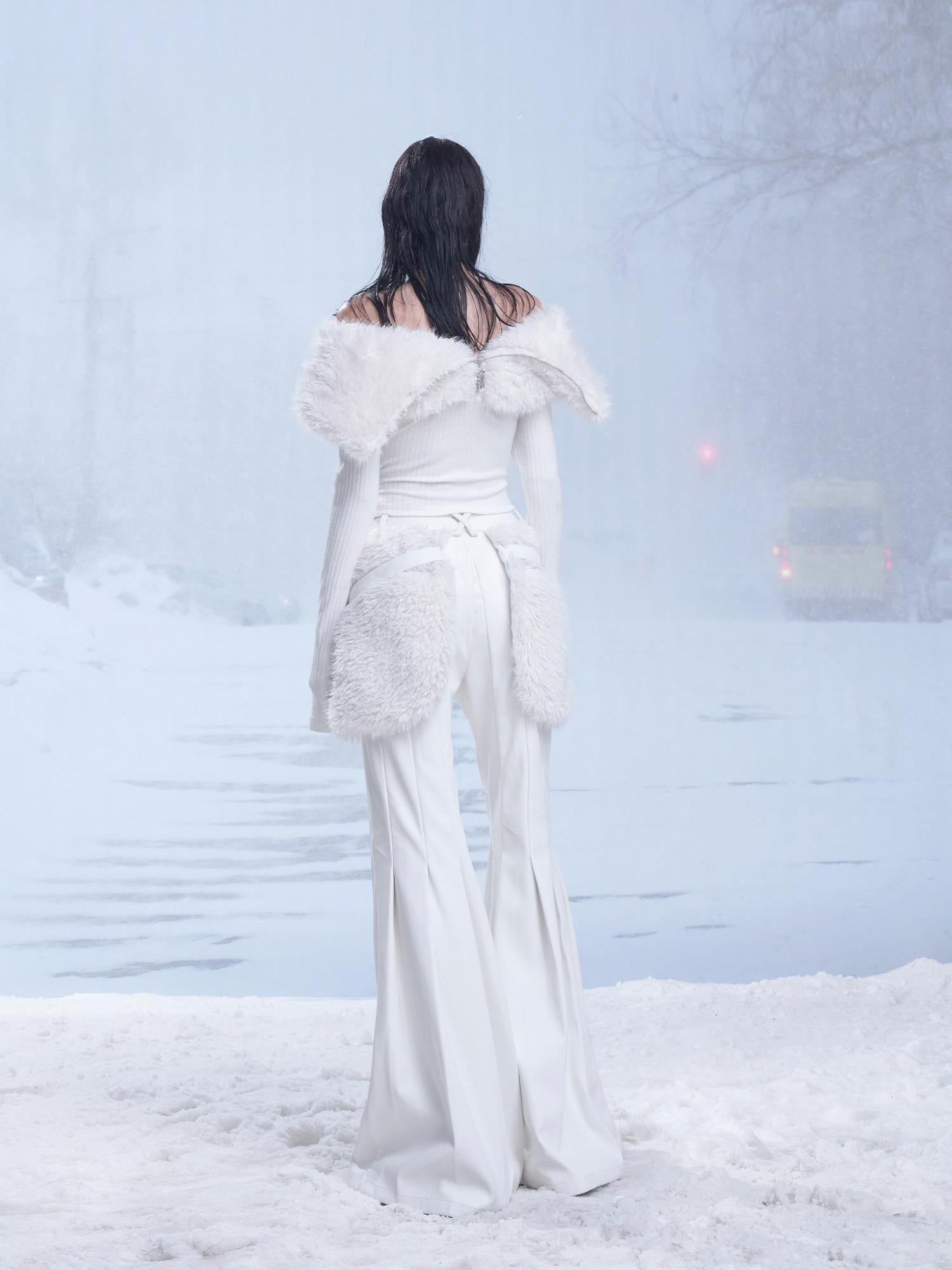 24ans Winter White Flared Suede Trousers With Fleece Lining