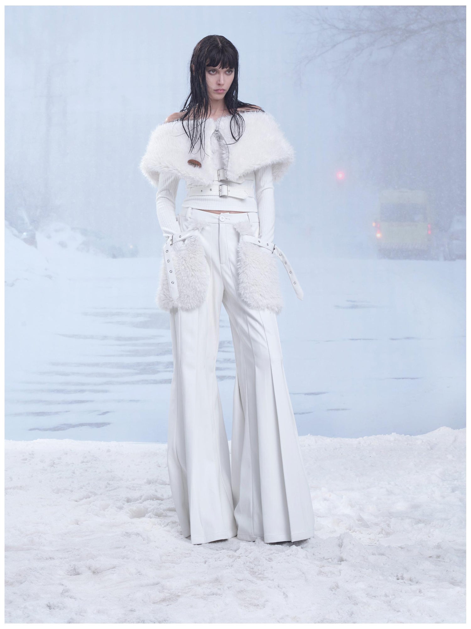 24ans Winter White Flared Suede Trousers With Fleece Lining