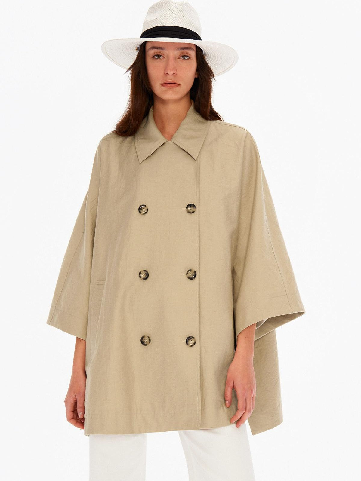 Northbutsouth Light Sheen Crinkle Double Breasted Batwing Women&