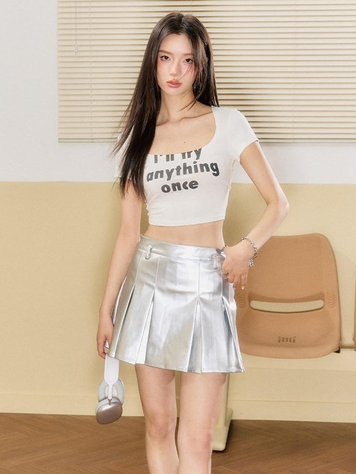 7Shiftin High Waist Pleated A Line Slim Fit Office Women Silver Mini Skirts