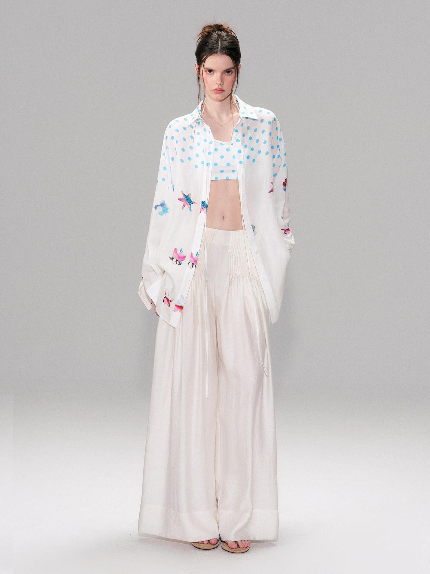 The NeverMore Soft Breathable Linen Blend Relaxed Drop Shoulder Polka Dot Long Sleeve Shirts