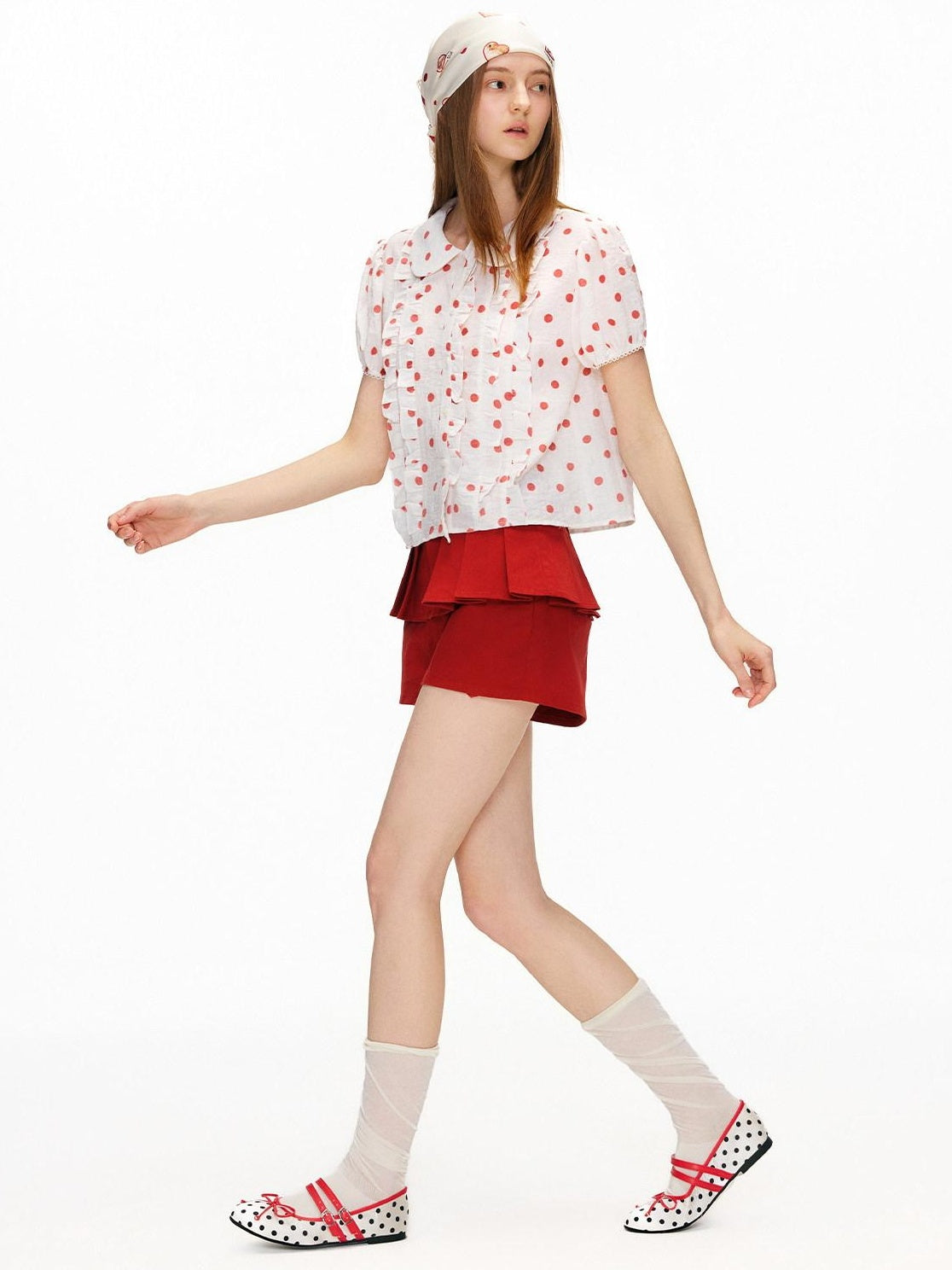 OuttheBlue Waist Cinch Ruffle Casual Puff Sleeve Doll Collar Polka Dot Women Shirts