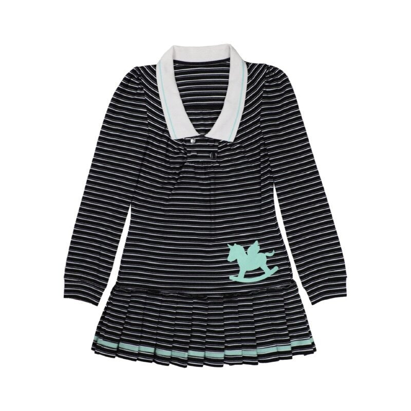 nit alcove Cute Bubble Sleeve Doll Collar Pleated Casual Striped Mint Pink Mini Dresses