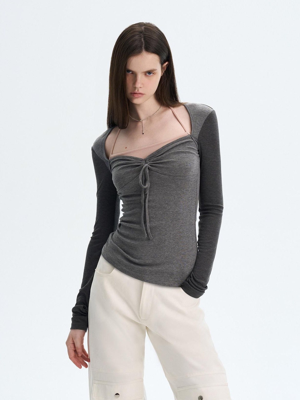 The NeverMore Soft Cotton Blend Printed Square Neck Fitted Women Long Sleeve Crop Tops