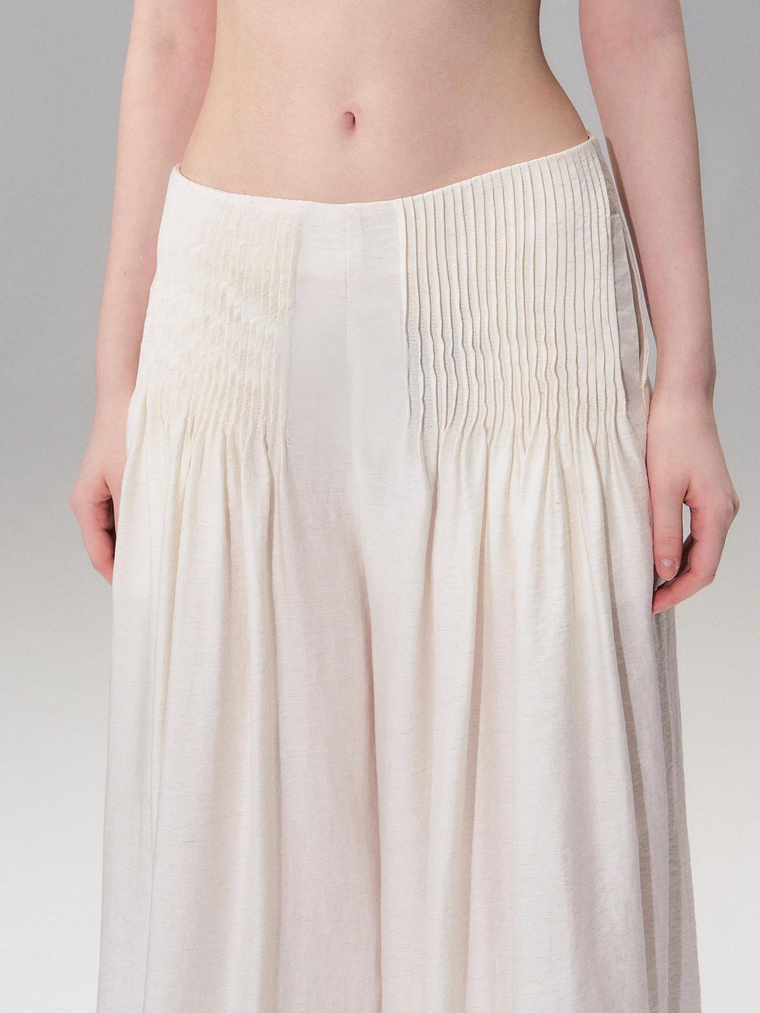 The NeverMore Lightweight Linen Blend Pleated Mid Waist Casual Women Off White Wide Leg Pants