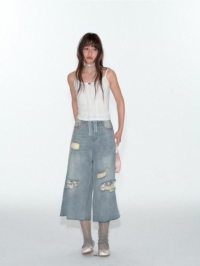 NAPSNAPS Layered Cropped Spliced Lace Trim Women&