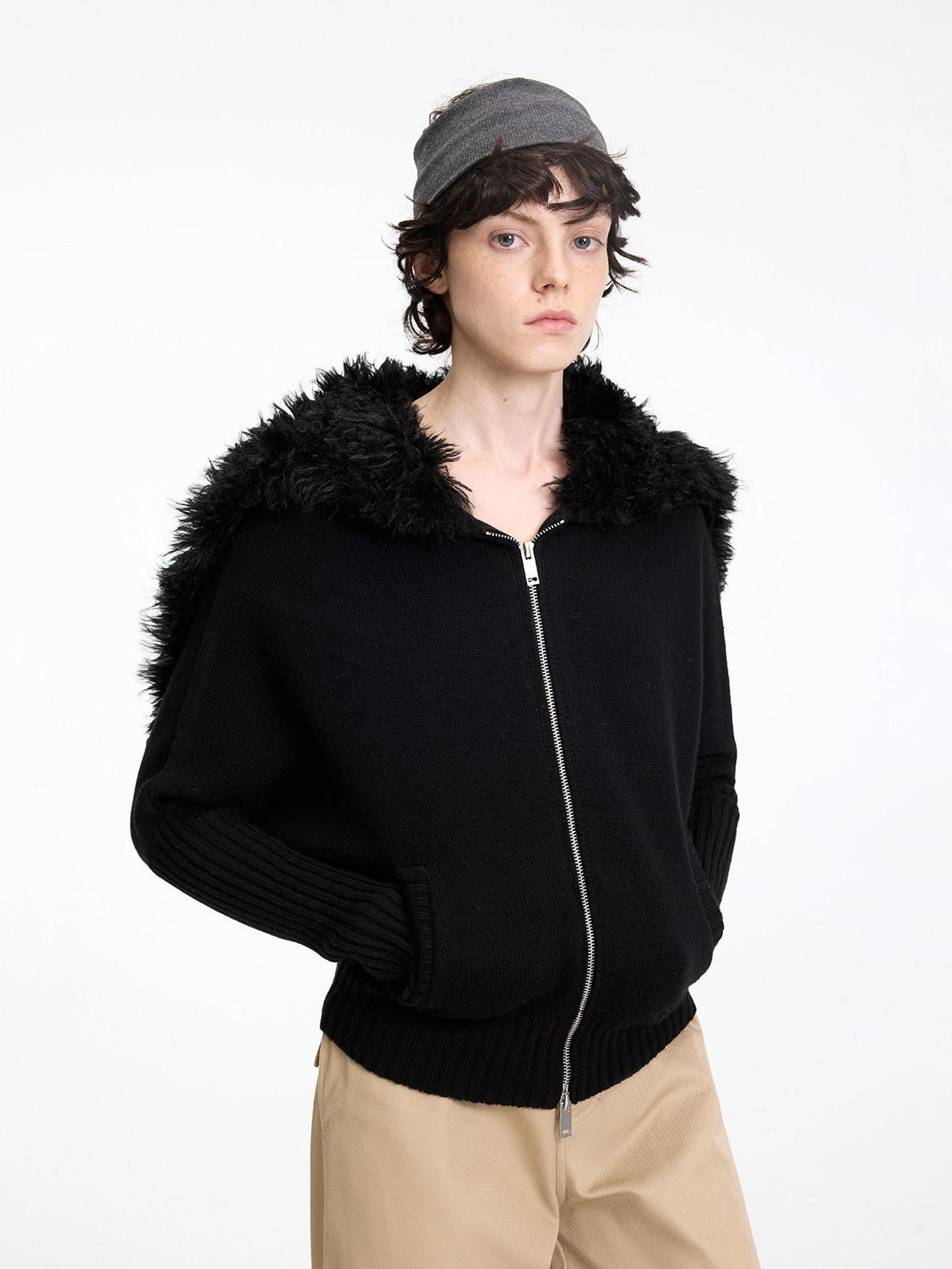 RUN TO THE FUTURE Soft Wool Blend Hooded Patchwork Vintage Loose Fit Zipper Knit Cardigans